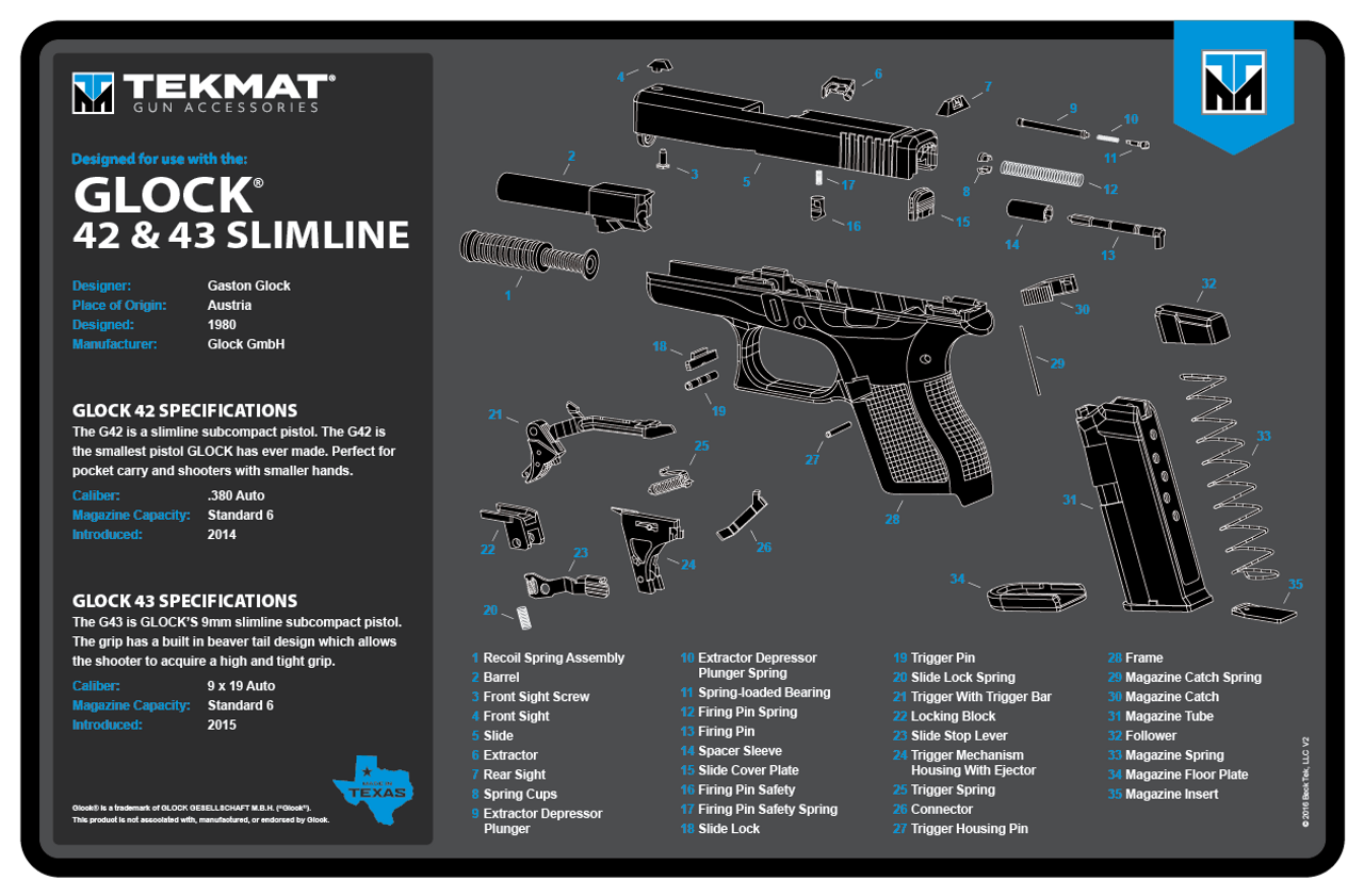 TekMat TEKR17GLOCK4243BL Glock 42/43 Cleaning Mat Black/Blue/White Rubber 11" x 17"