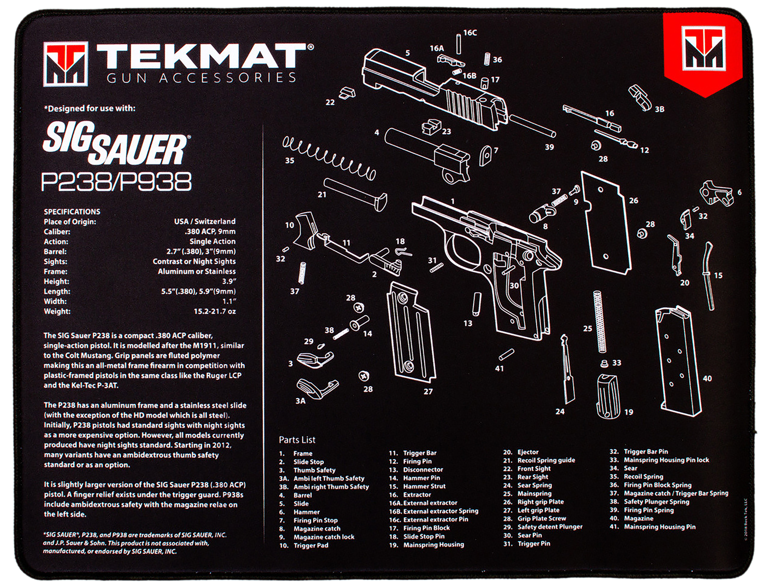 TekMat TEKR20SIGP238 Sig Sauer P238 Ultra 20 Cleaning Mat Black/White Rubber 15" x 20"