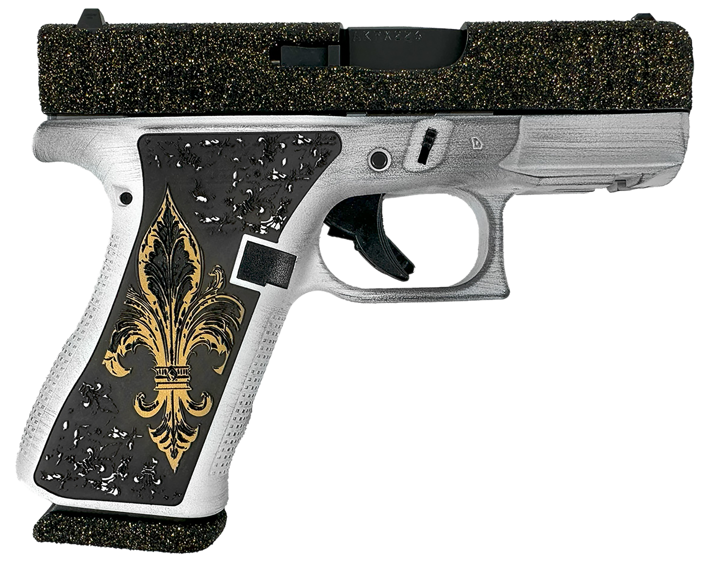 Glock G43X 9mm Luger 3.41in 10+1 Silver Cerakote Slide Black Gold Grips