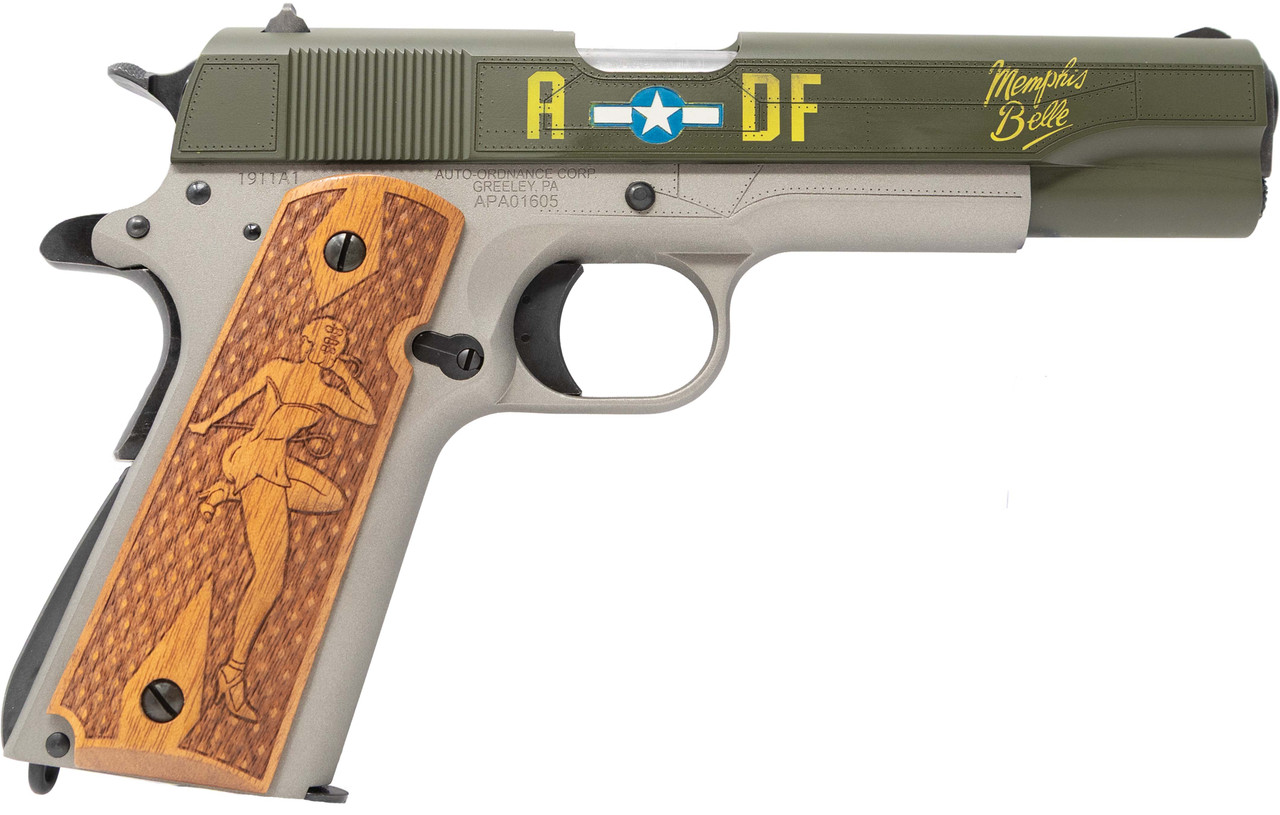 Auto-Ordnance 1911BKOC19 1911 Memphis Belle Full Size Frame 45 ACP 7+1 5" Stainless Steel Barrel, OD Green Cerakote Serrated Slide, Gray Cerakote Steel Frame w/Beavertail, Custom Engraved Wood Grip