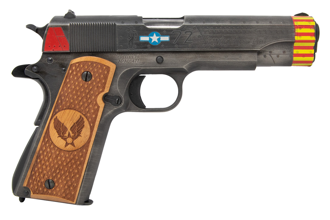 Auto-Ordnance 1911BKOC18 1911 Red Tails Full Size Frame 45 ACP 7+1 5" Stainless Steel Barrel, Savage Cerakote Serrated Slide, Savage Cerakote Steel Frame w/Beavertail, Custom Engraved Wood Grip