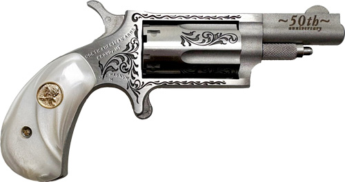 North American Arms 22M50 50th Anniversary  22 Mag 5 Shot 1.63" Matte Stainless w/"50th Anniversary" & Scroll Engraving, White Pearl Grip, Exposed Hammer