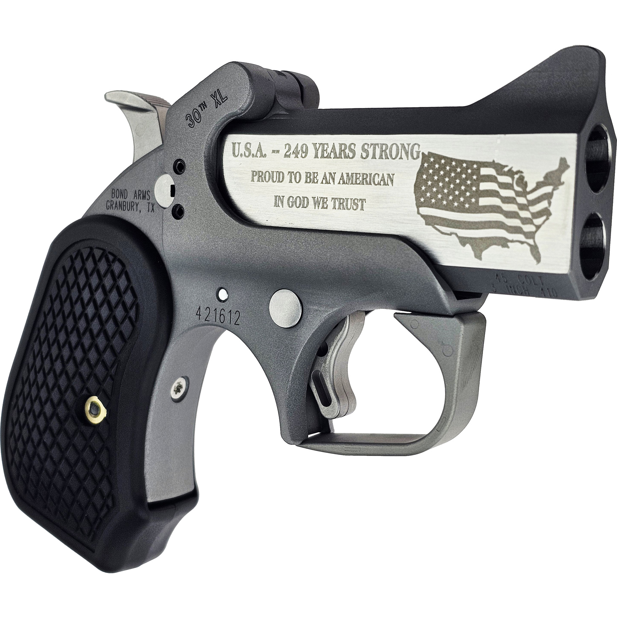 Bond Arms BA30THXL-45LC/410 30th XL  45 Colt (Long Colt)/410 Gauge 2 Shot 3" Engraved Matte Stainless Steel Barrel, Rough Matte Stainless Steel Frame, Black B6 Resin Grips