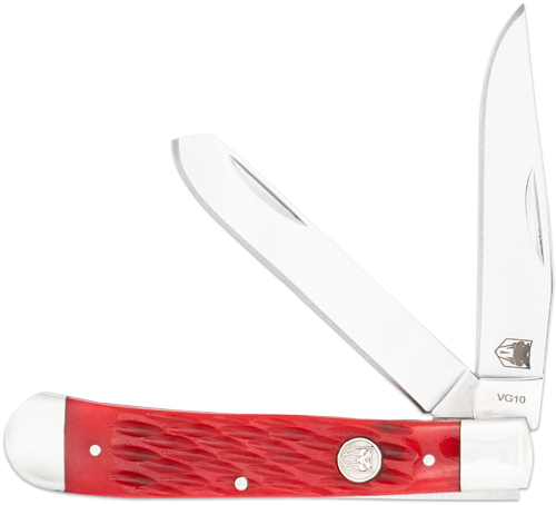CobraTec Knives CTTDTRPREDBN Trapper  Folding 2.88" Clip Point, 2.94" Spey Plain Polished VG-10 SS Blades, 4.44" Red Bone Scales/SS Handle