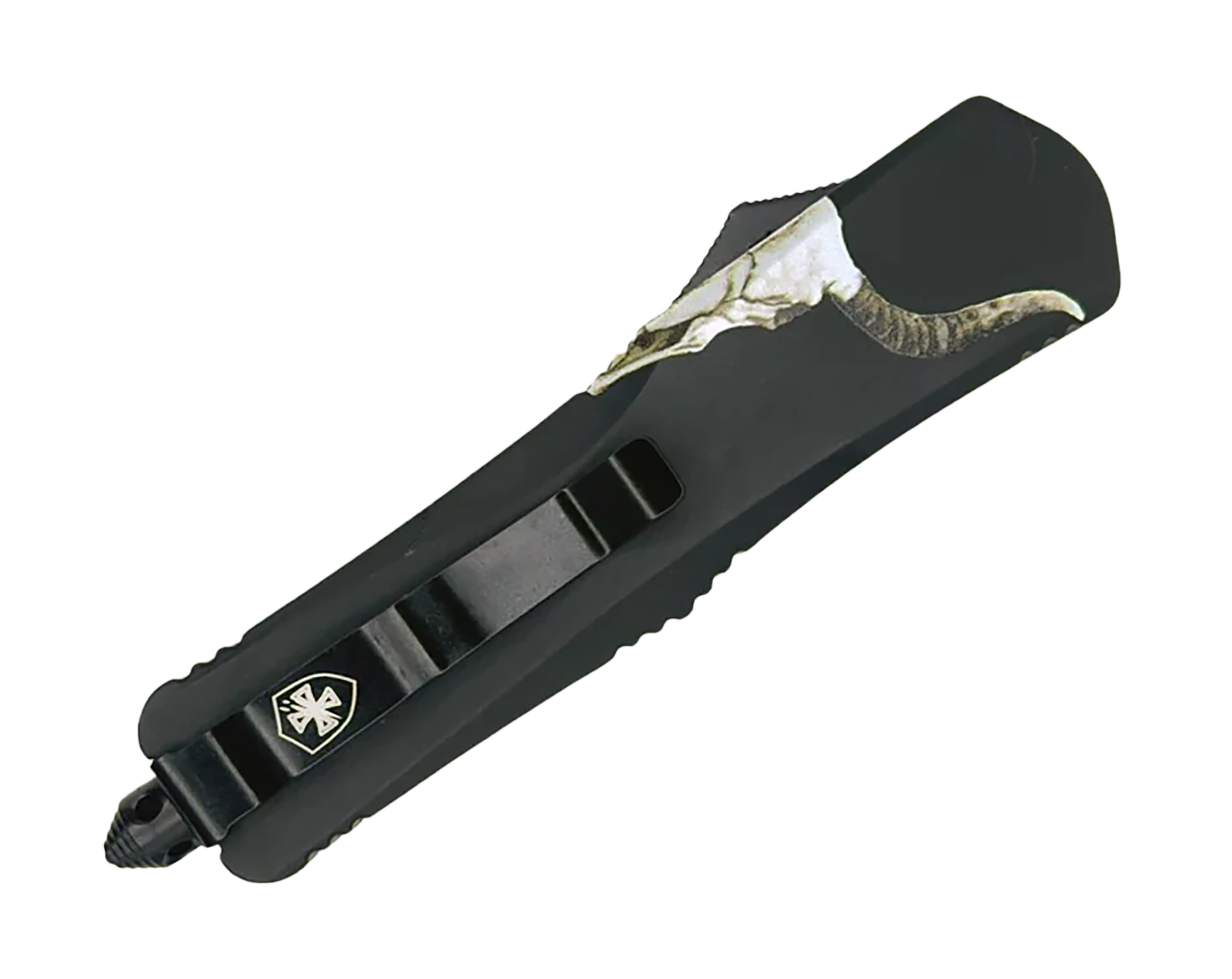 Templar Knife  Gen II Badlands Slim 3.43" OTF Tanto Plain Black Oxide Stonewashed 440C SS Blade, 5.05" Black w/Cattle Skull Aluminum Handle, Glass Breaker