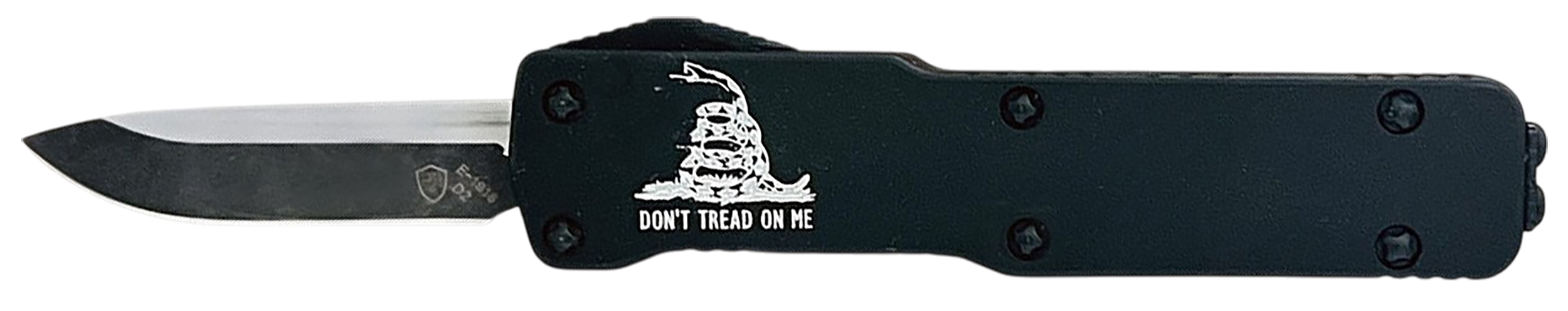 Templar Knife  Premium LW Don't Tread On Me Micro 1.85" OTF Drop Point Plain Black Oxide Stonewashed Powder Coated D2 Steel Blade, 3.50" Black w/"Don't Tread On Me" Aluminum Handle, California Legal
