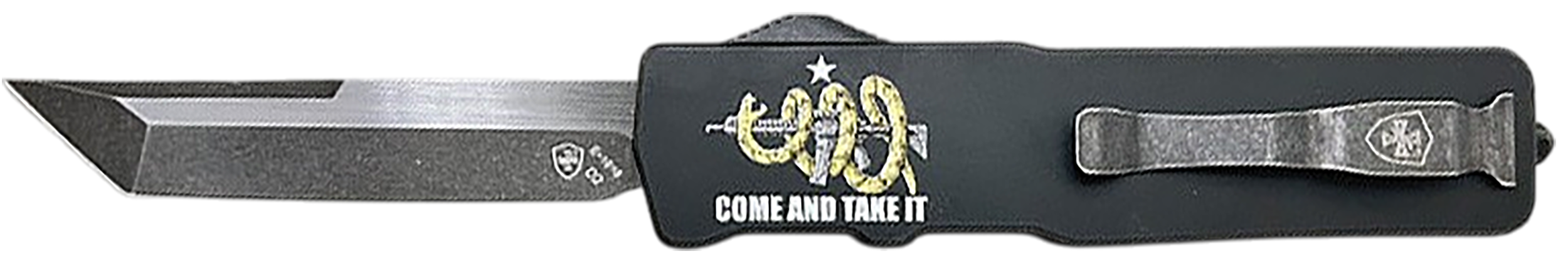 Templar Knife  Excalibur Come And Take It Slim 3.25" OTF Tanto Part Serrated D2 Steel Blade, 5" Black "Come And Take It" Aluminum Handle