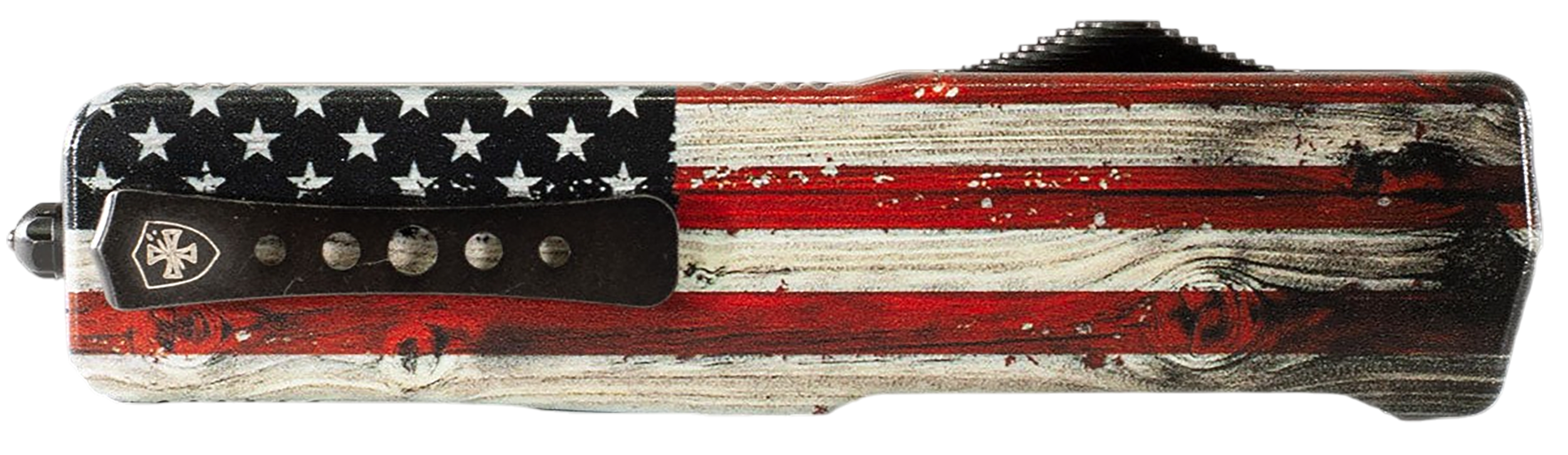 Templar Knife MZWUS121 Premium Weighted  Small 3" OTF Dagger Plain Black Oxide Stonewashed Powder Coated D2 Steel Blade, 4.50" Painted Wood Grain US Flag Aluminum Zinc Alloy Handle