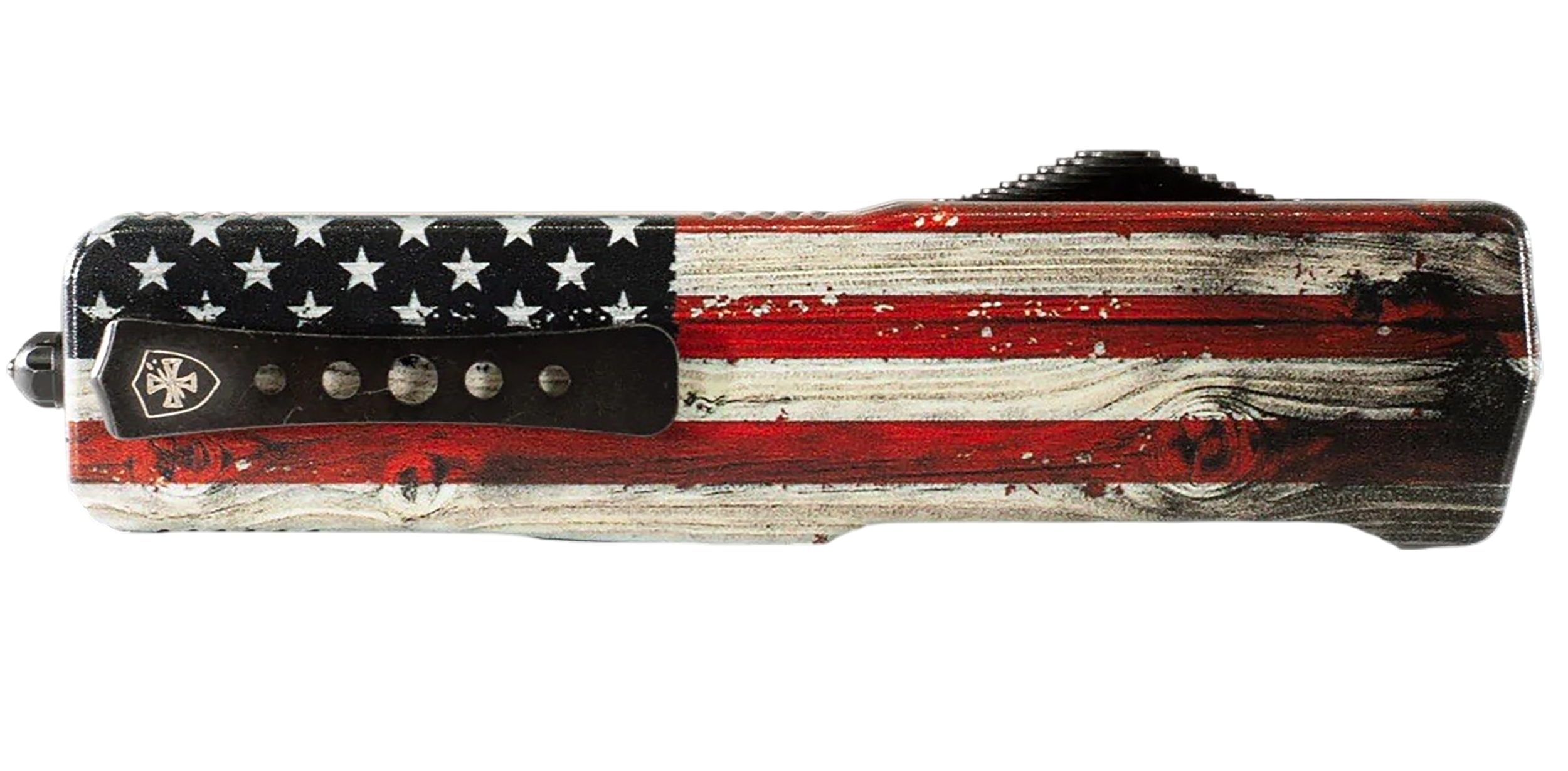 Templar Knife  Premium Weighted Wood US Flag Slim 3" OTF Tanto Part Serrated Black Oxide Stonewashed Powder Coated D2 Steel Blade, 4.50" Painted Wood Grain US Flag Aluminum Zinc Alloy Handle