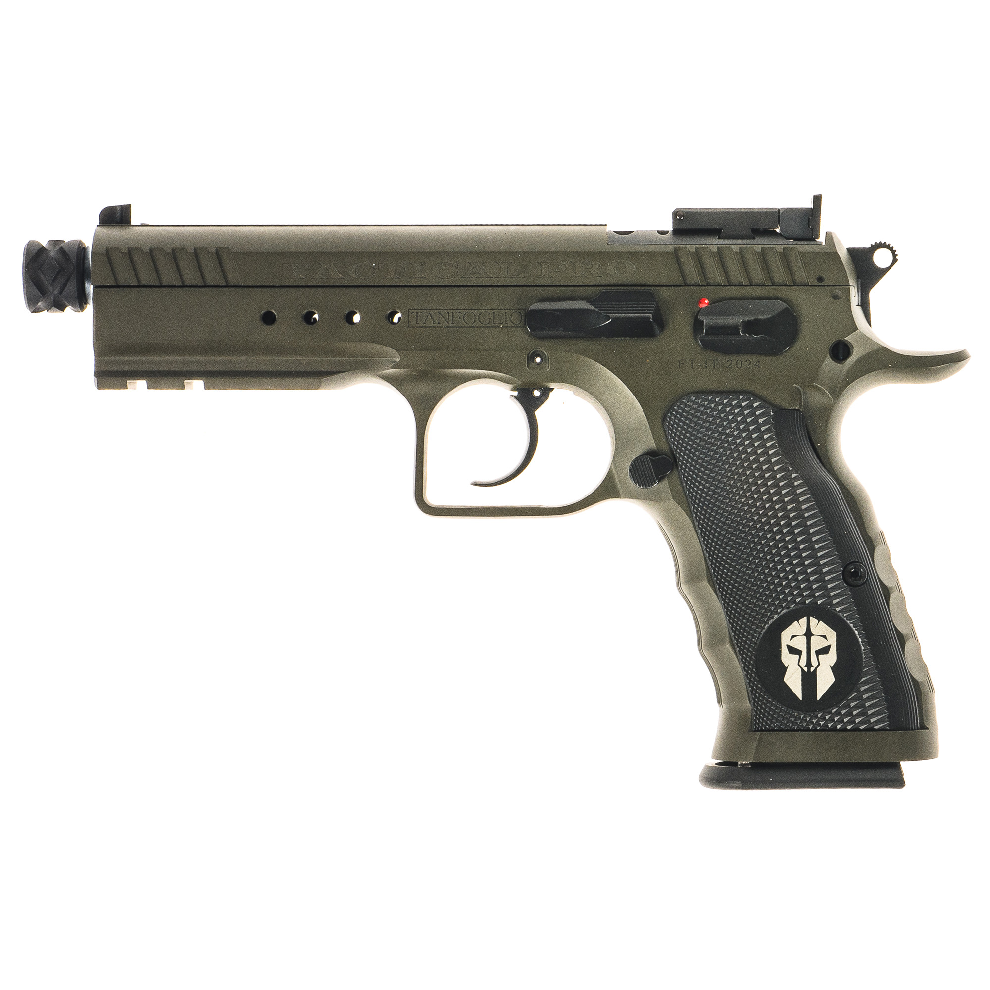 Tanfoglio  Defiant Tactical Pro 9mm Luger 20+1 4.50" Stainless Threaded Barrel, Green Steel Optic Ready/Ported/Serrated Slide, Green Steel Frame w/Beavertail & Picatinny Rail, Black Polymer Grip