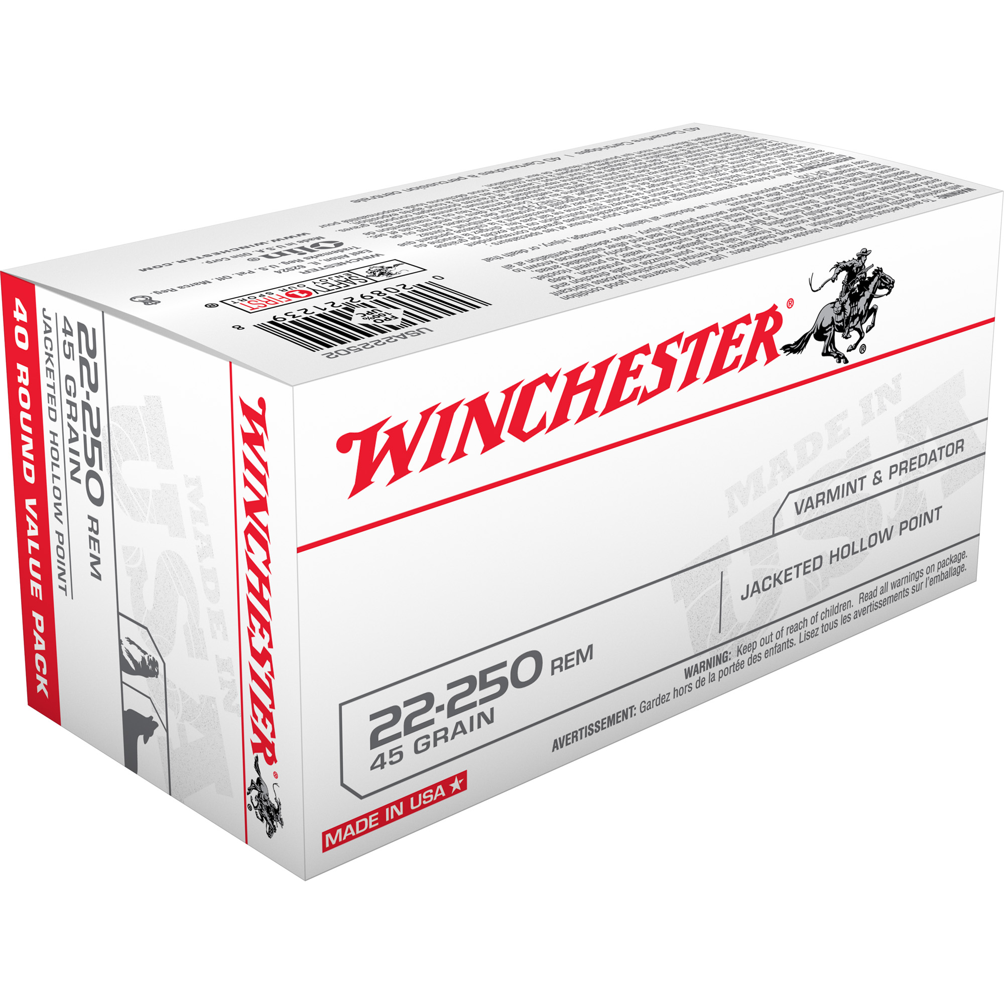 Winchester Usa Rifle 22-250 Remington Jacketed Hollow Point 45 Grain 40 Rounds