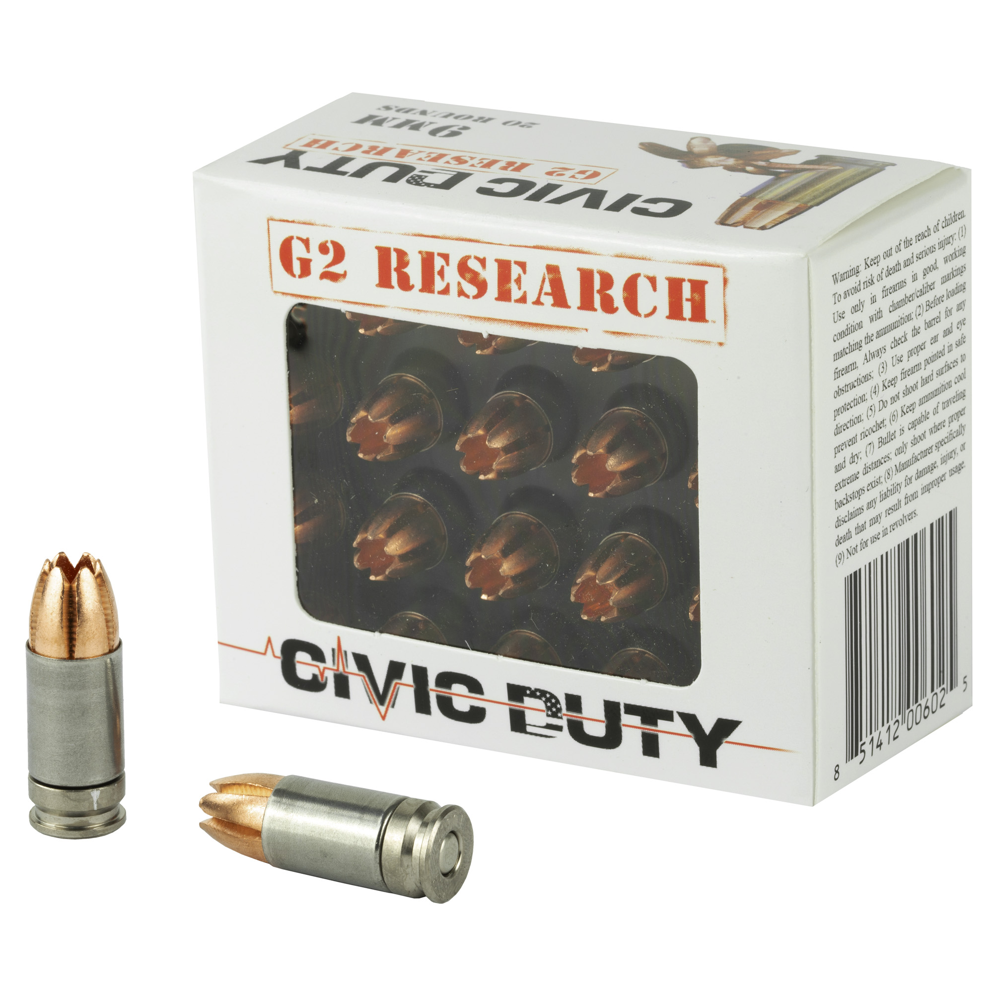 G2 Research G00602 Civic Duty  9mmLuger 96gr Copper Expansion Projectile 20 Per Box/25 Case