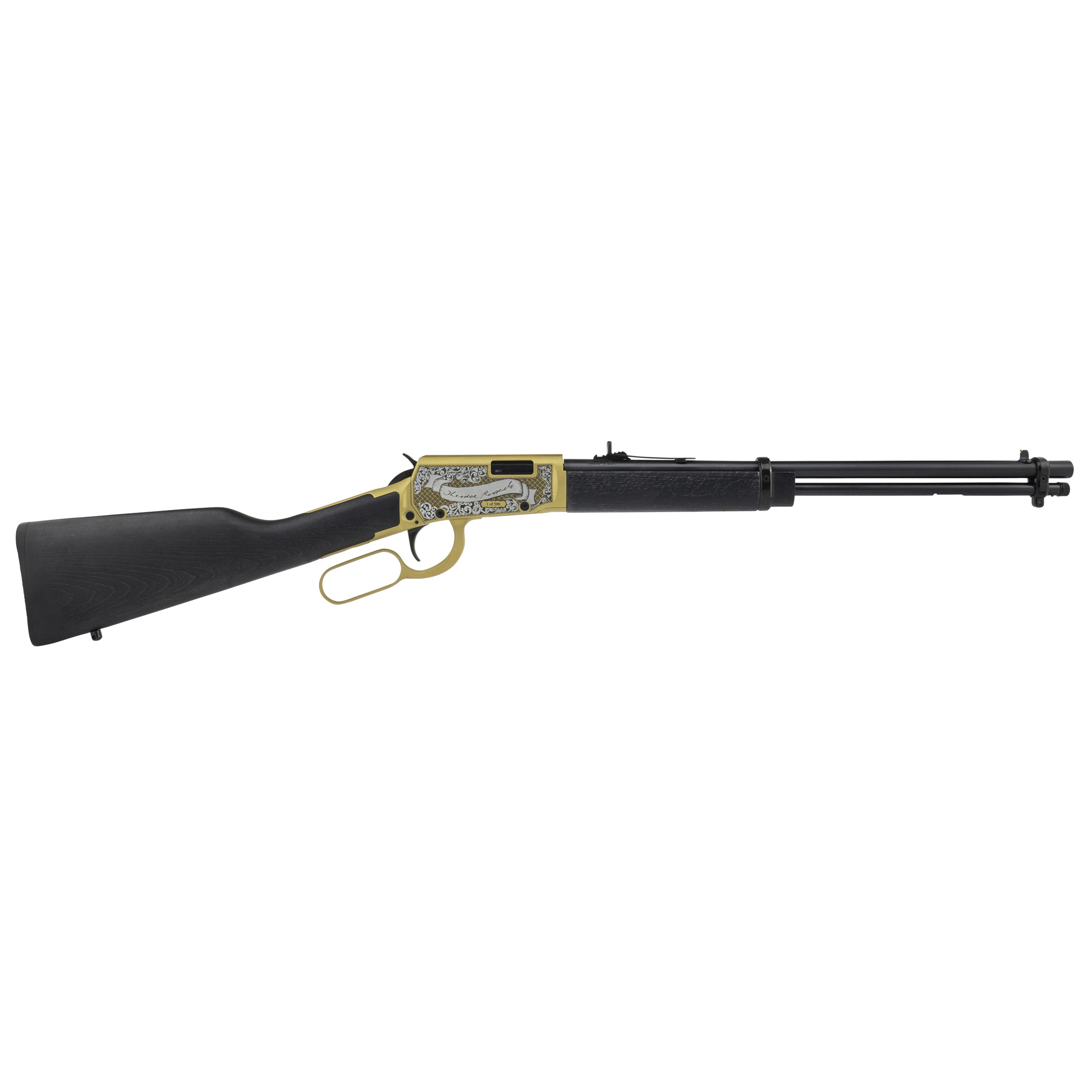 Rossi Rio Bravo Theodore Roosevelt Rifle 22 lr 18 in. BLK Stock Engraved PVD Gold 15 rd