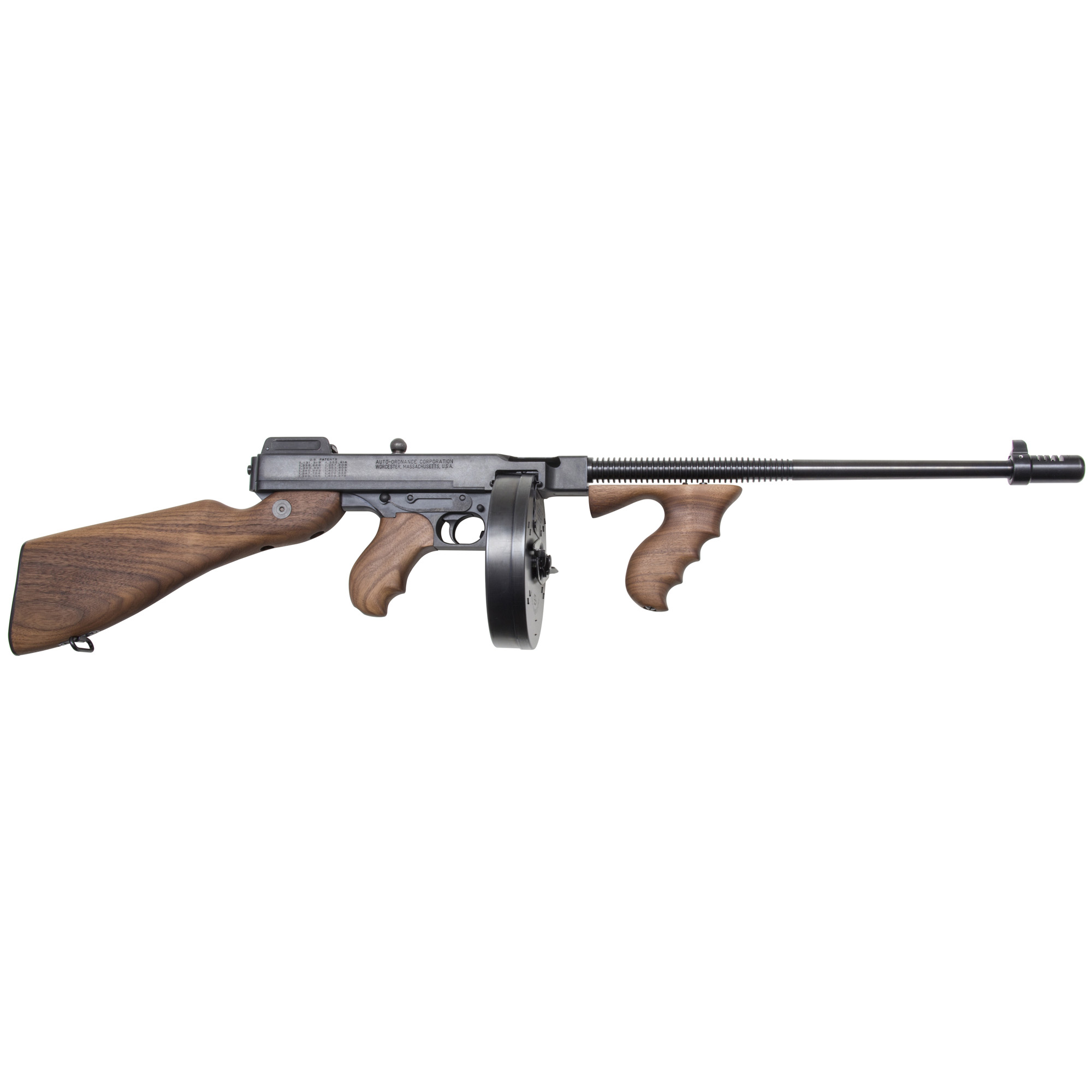 Thompson T1100D 1927A-1 Deluxe Carbine 45 ACP Caliber with 18" Barrel, 20+1 Capacity (Stick), 100+1 Capacity (Drum), Blued Metal Finish, American Walnut Stock Wood Grip Right Hand