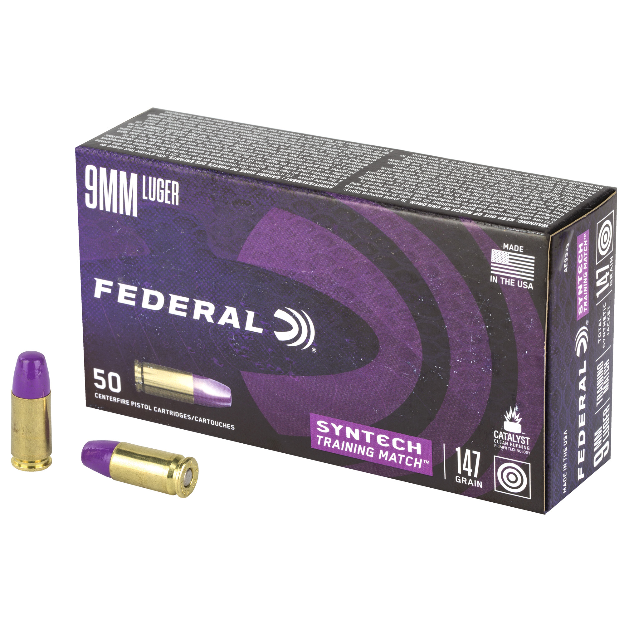 Federal, American Eagle, 9mm Luger, Syntech Flat Nose, 147 Grain, 50 Rounds