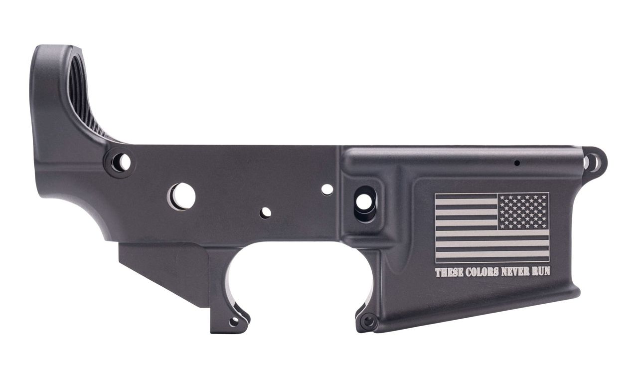 Anderson AM-15 Forged Stripped AR15 Lower Receiver - Black | Flag & "These Colors Never Run" Slogan | Retail Packaging