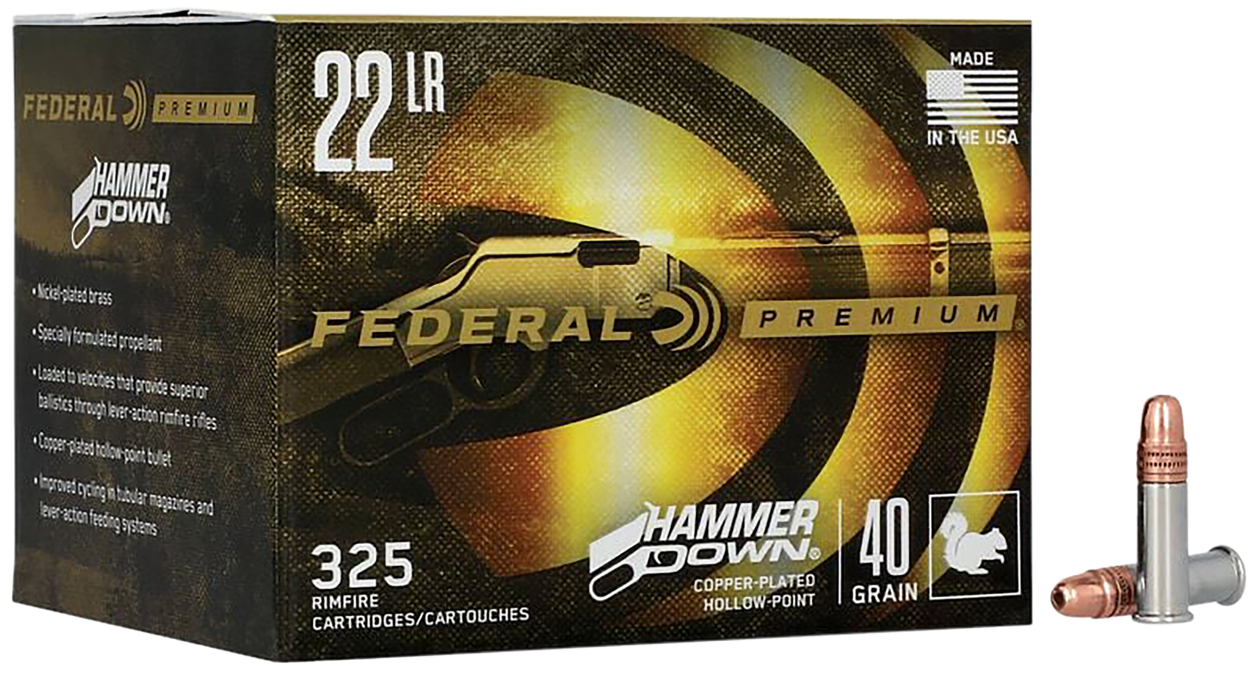 Federal, HammerDown, 22 Long Rifle, Copper Plated Hollowpoint, 40 Grain, 325 Rounds