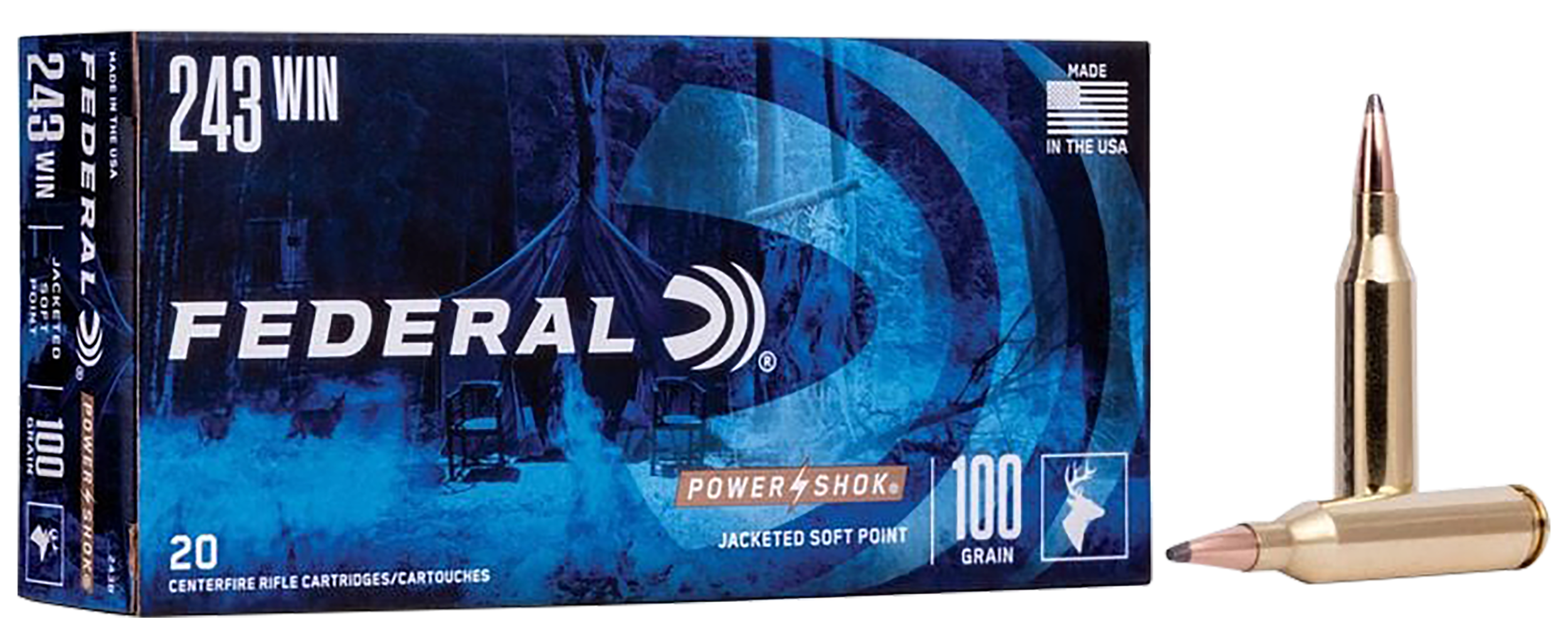 Federal, Power Shok, 243 Winchester, Jacketed Soft Point, 100 Grain, 20 Rounds