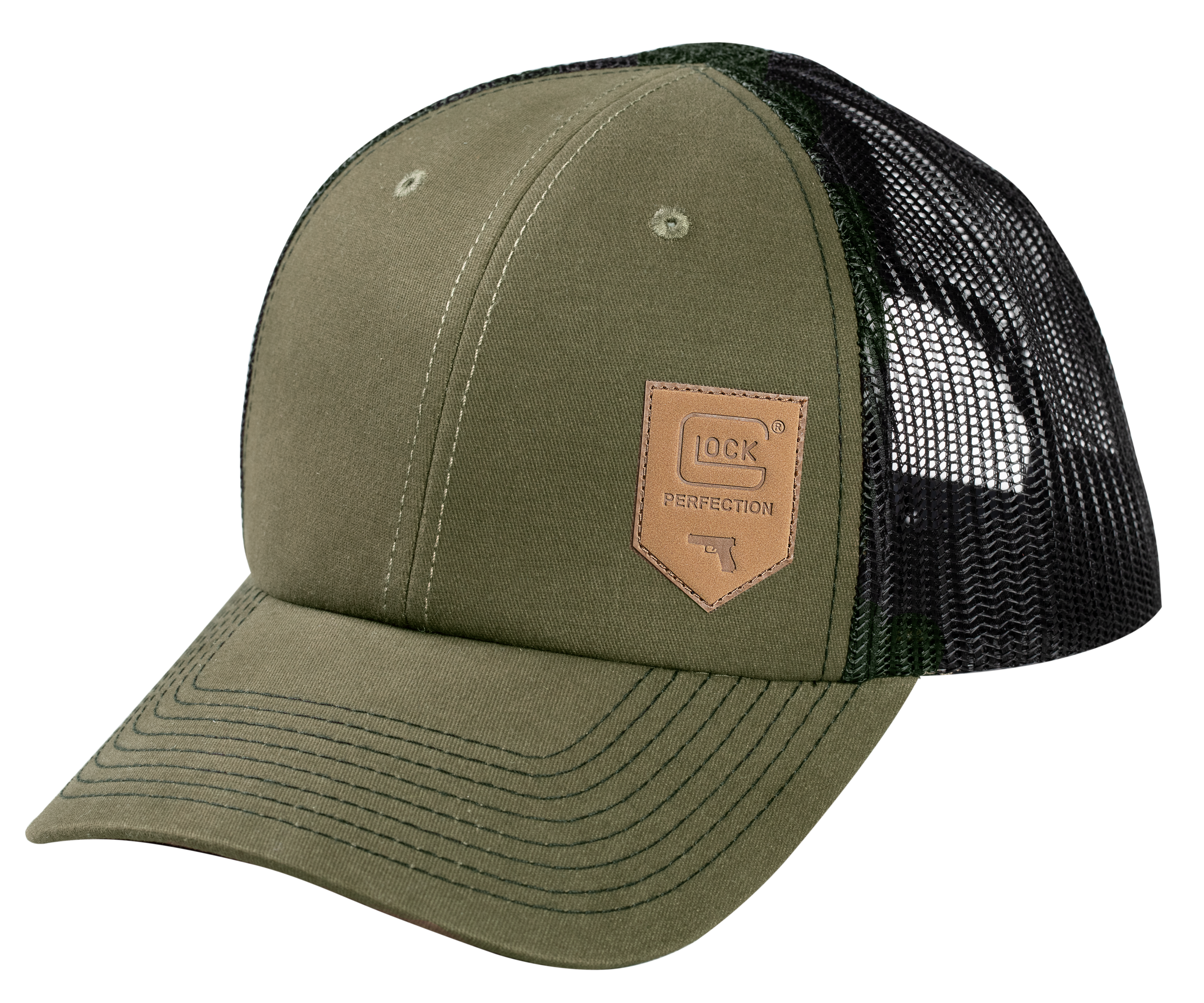 Glock AP95883 Chino  Olive Green/Black Mesh Hat w/Leather-Like Glock Shield Patch