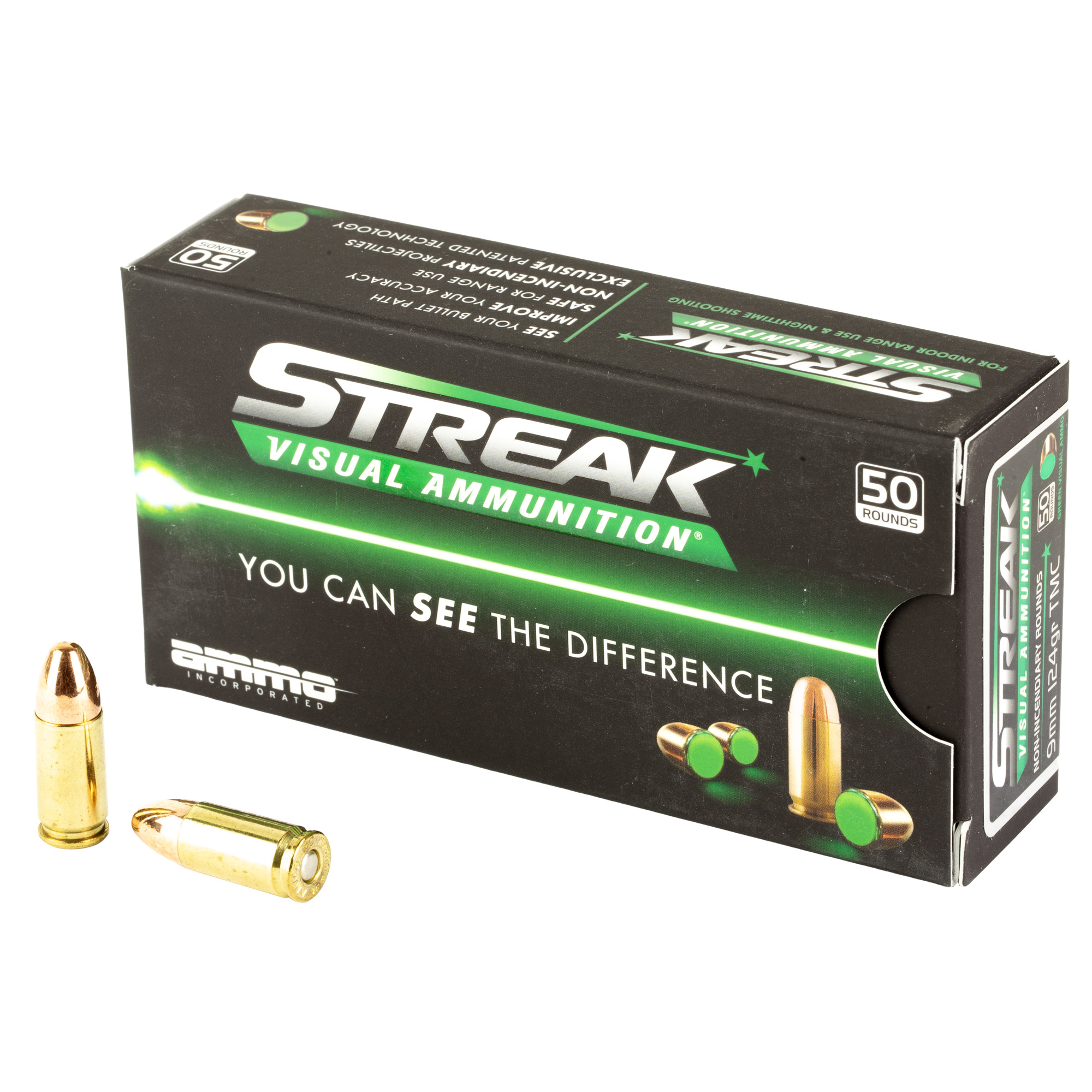 Ammo Inc STREAK Target 9mm Luger Handgun Ammo - 124 Grain | TMC | Green | 50rd Box