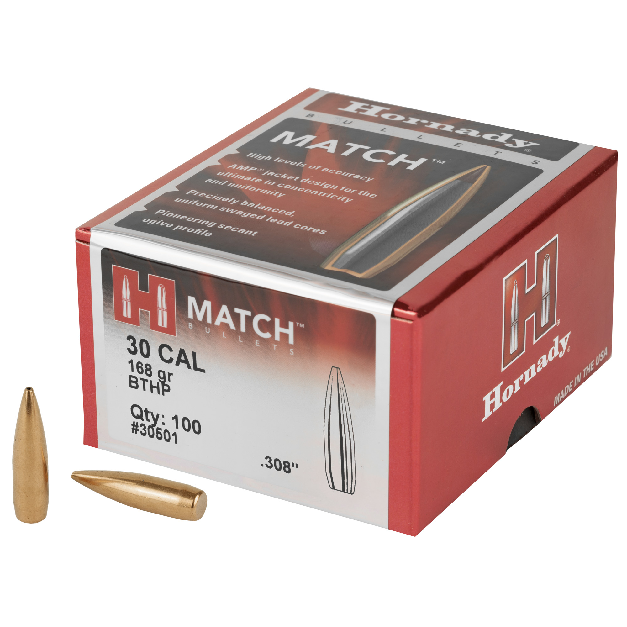 Hornady Match Bullets .30 cal .308" 168 gr BTHP 100/ct