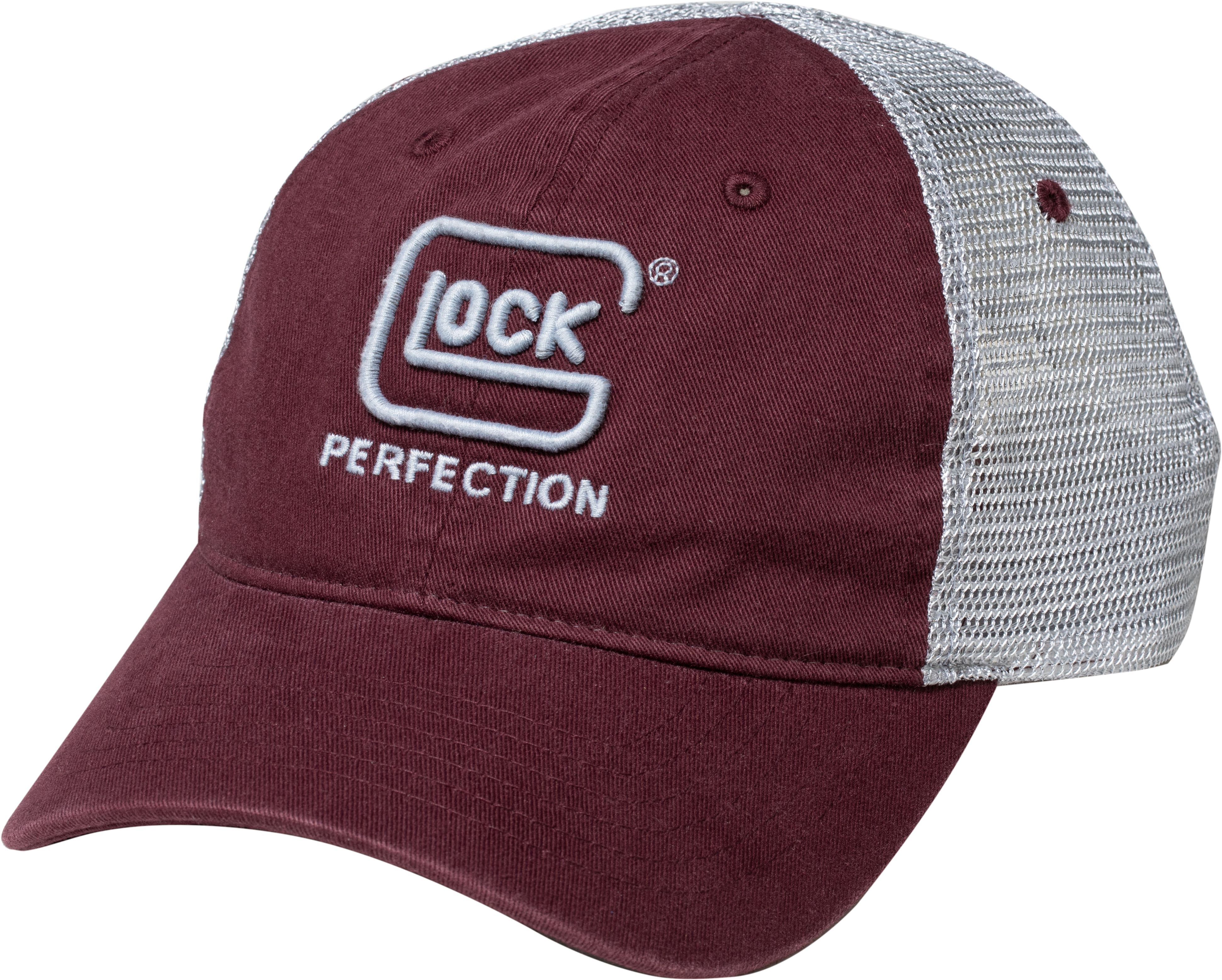 Glock AP95881 Relaxed  Maroon Mesh Hat, Distressed Denim-Like Fabric Front w/Mesh Back, Unstructured Fit w/Snapback, Embroidered Glock Log