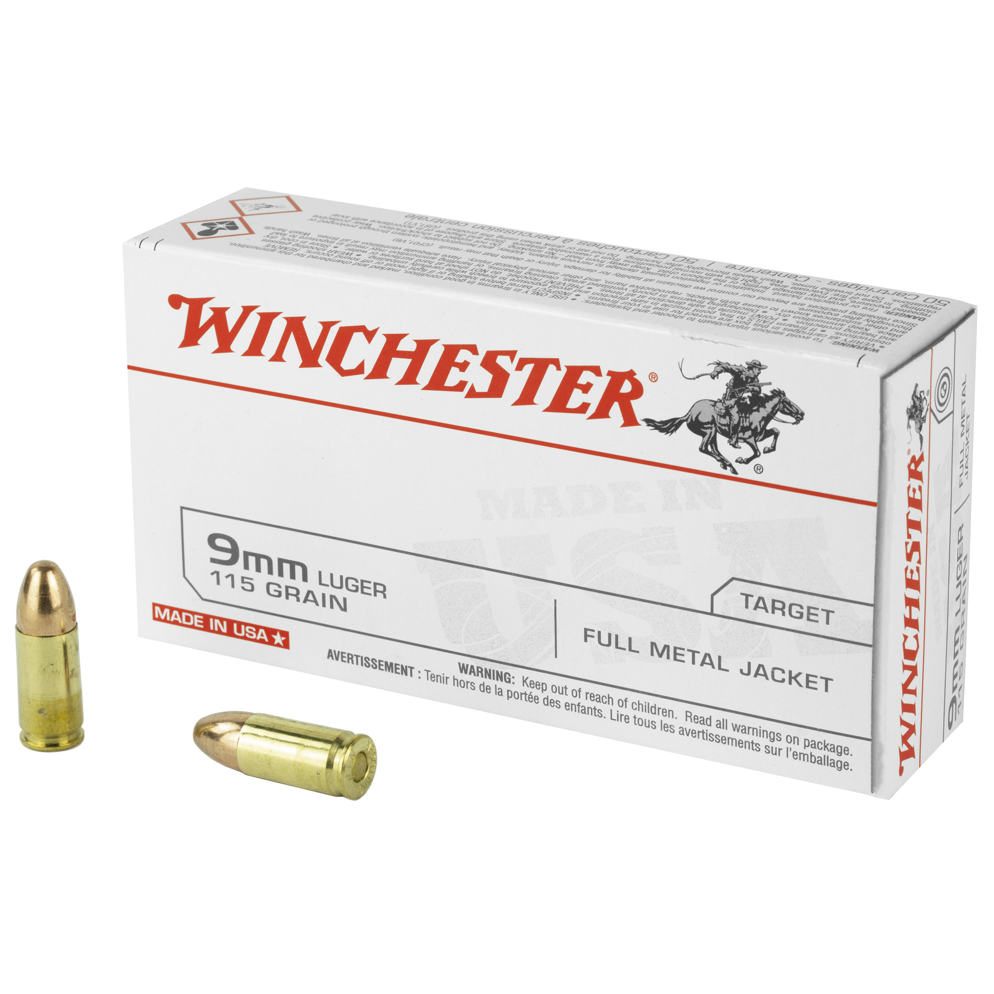 Winchester USA Pistol Ammo 9mm Luger 115 gr. FMJ 50 rd.