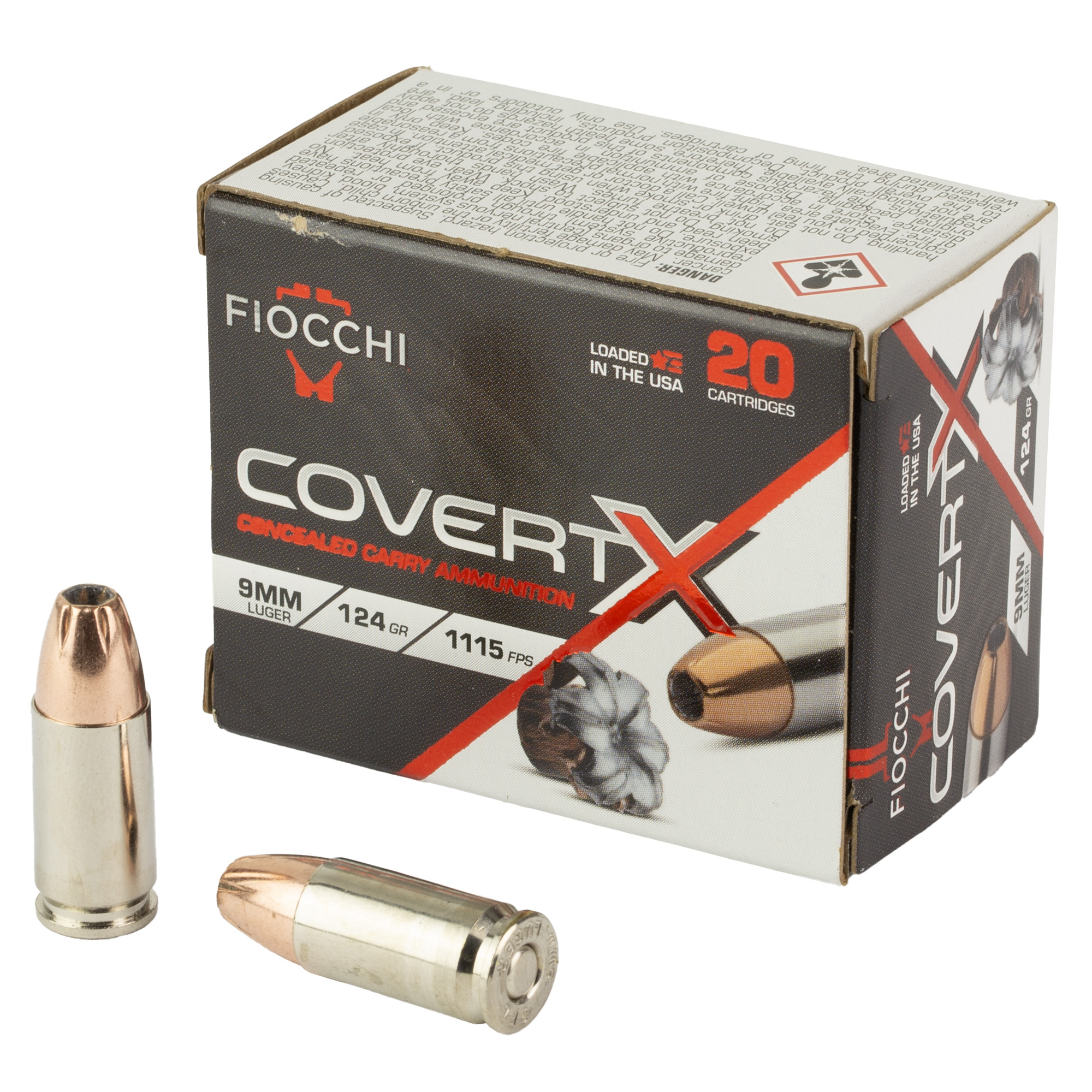Fiocchi Covert X 9mm Luger Jacketed Hollow Point 124 Grain 20 Rounds