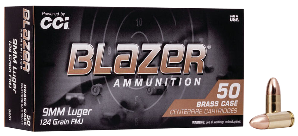 CCI Blazer Brass Pistol Ammo 9mm Luger 124 gr. FMJ Round Nose 50 rd.