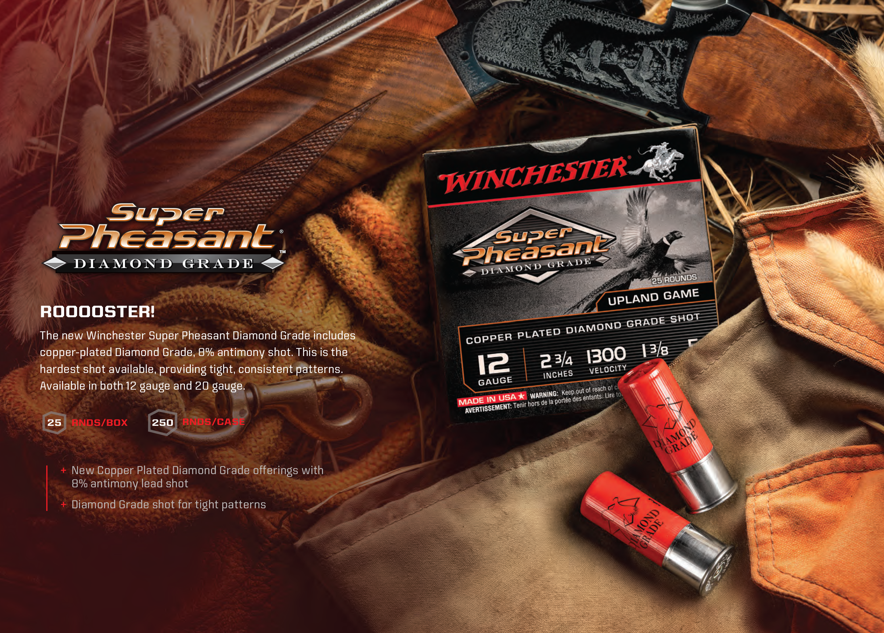 Winchester Super Pheasant Diamond Grade Load, 12 Gauge, Shot, One and Three Eighths Ounce, 25 Rounds