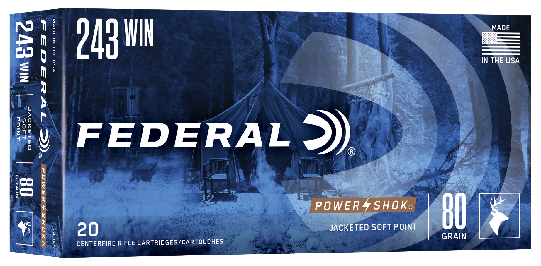Federal Power-Shok 243 Winchester Jacketed Soft Point 80 Grain 20 Rounds