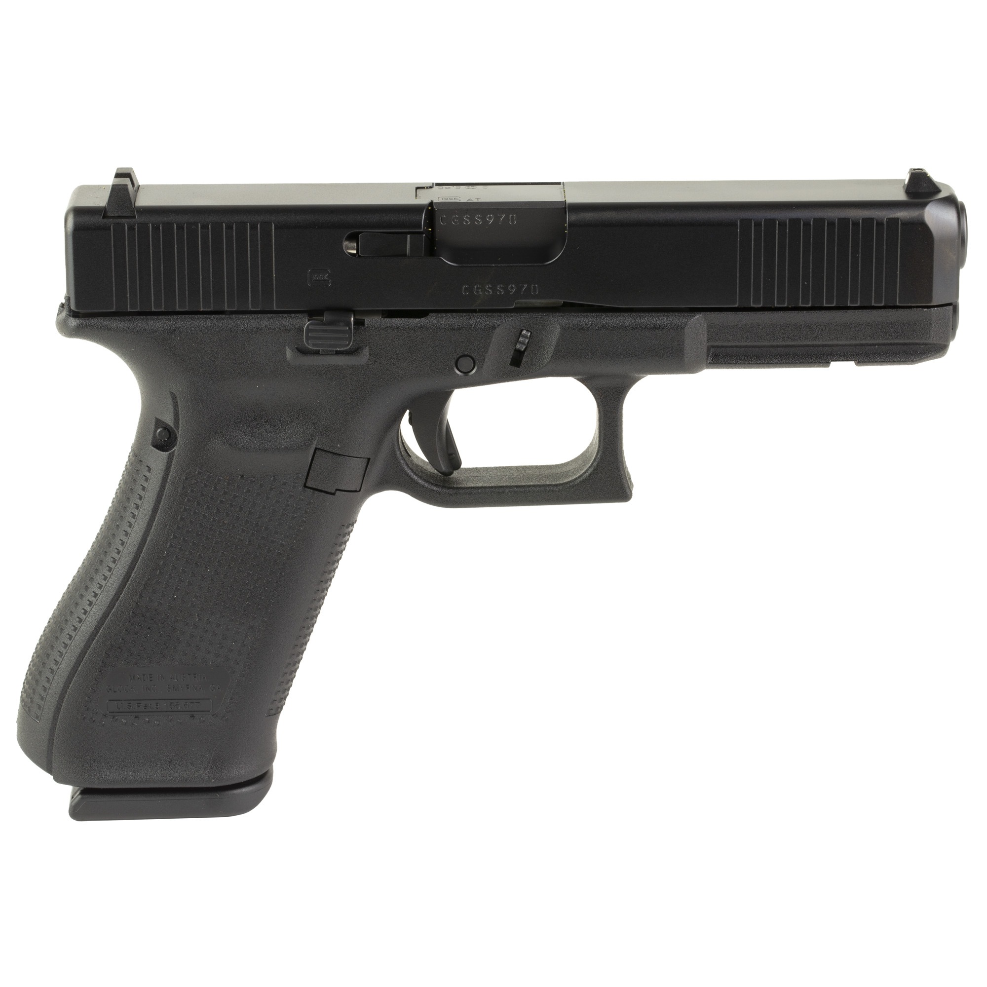 Glock PV1750203 G17 V Standard Frame 9mm Luger 17+1 4.49" Black GMB Barrel, Black nDLC Steel Serrated Slide  Black Polymer Frame w/Accessory Rail, Textured Polymer Grip,  Ambidextrous