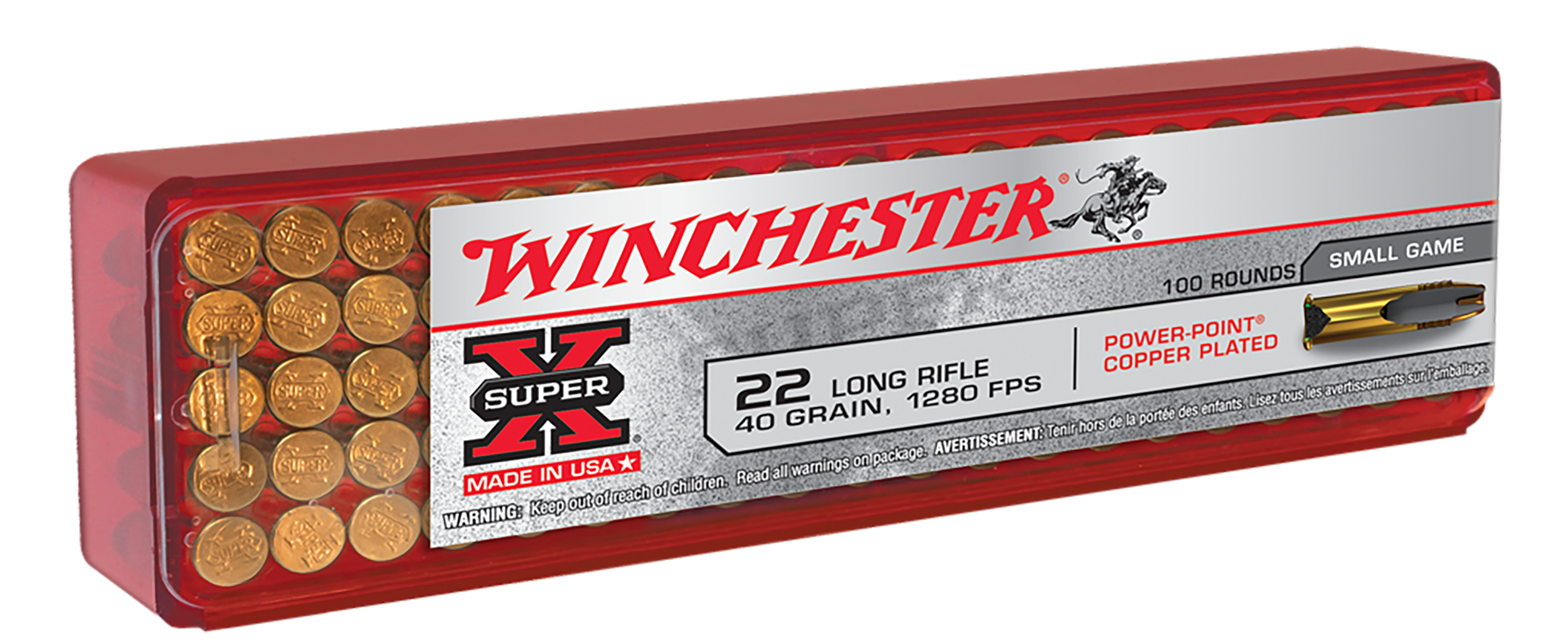 Winchester Super-X, .22 Long Rifle, Power-Point Copper Plated, 40 Grain, 100 Rounds