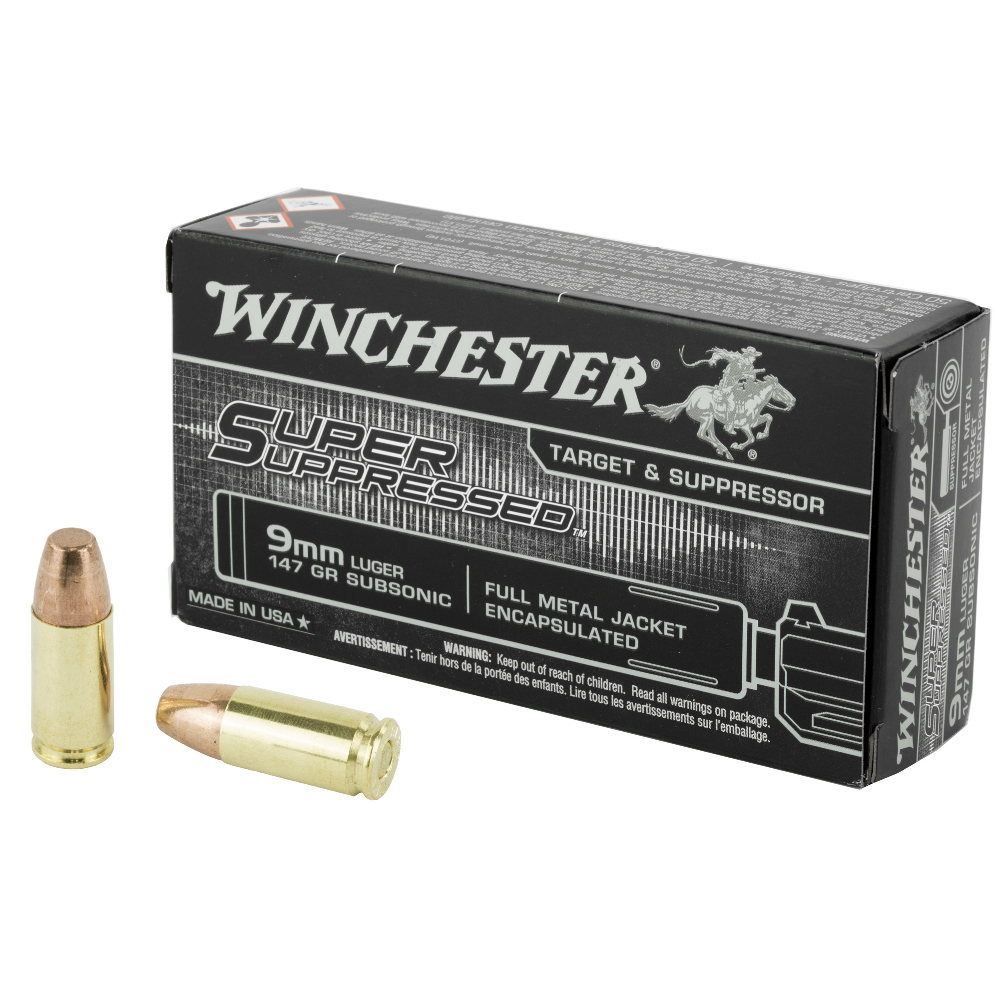 Winchester Super Suppressed Pistol Ammo 9mm Luger 147 gr. FMJE 50 rd.