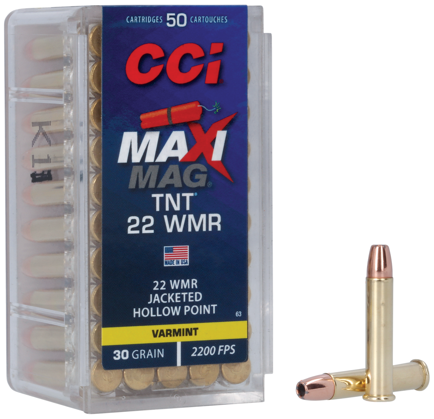 CCI, 22 Maxi-Mag TNT, 22 Winchester Mag, Jacketed Hollow Point, 30 Grain, 50 Rounds