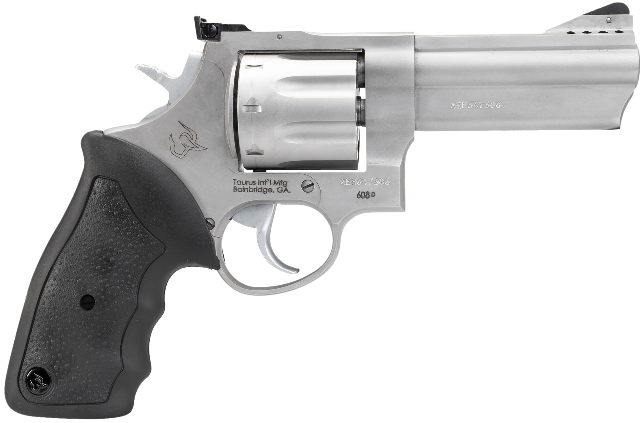 Taurus 2-608049 608  Large 357 Mag/38 Special +P 8 Shot 4" Matte Stainless Steel Ported Barrel, Cylinder & Frame, Black Finger Grooved Rubber Grip, Transfer Bar Safety, Exposed Hammer