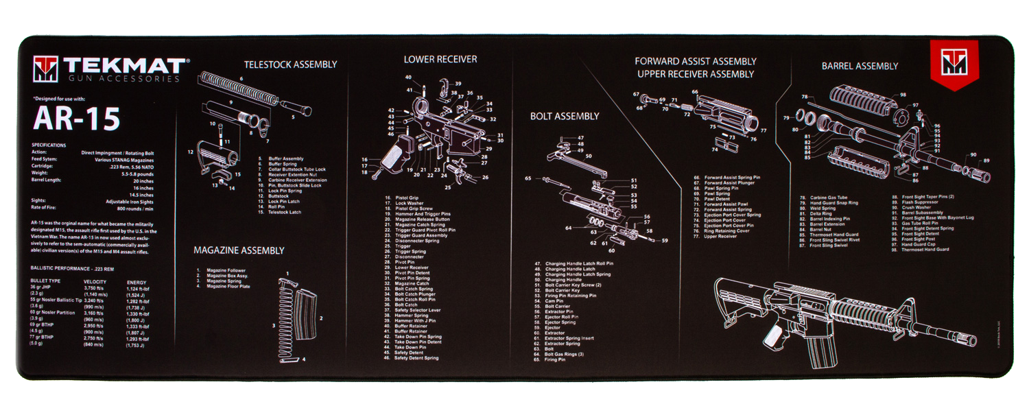 TekMat TEKR44AR15 AR-15 Ultra 44 Cleaning Mat Black/White Rubber 15"x44" AR-15 Parts Diagram