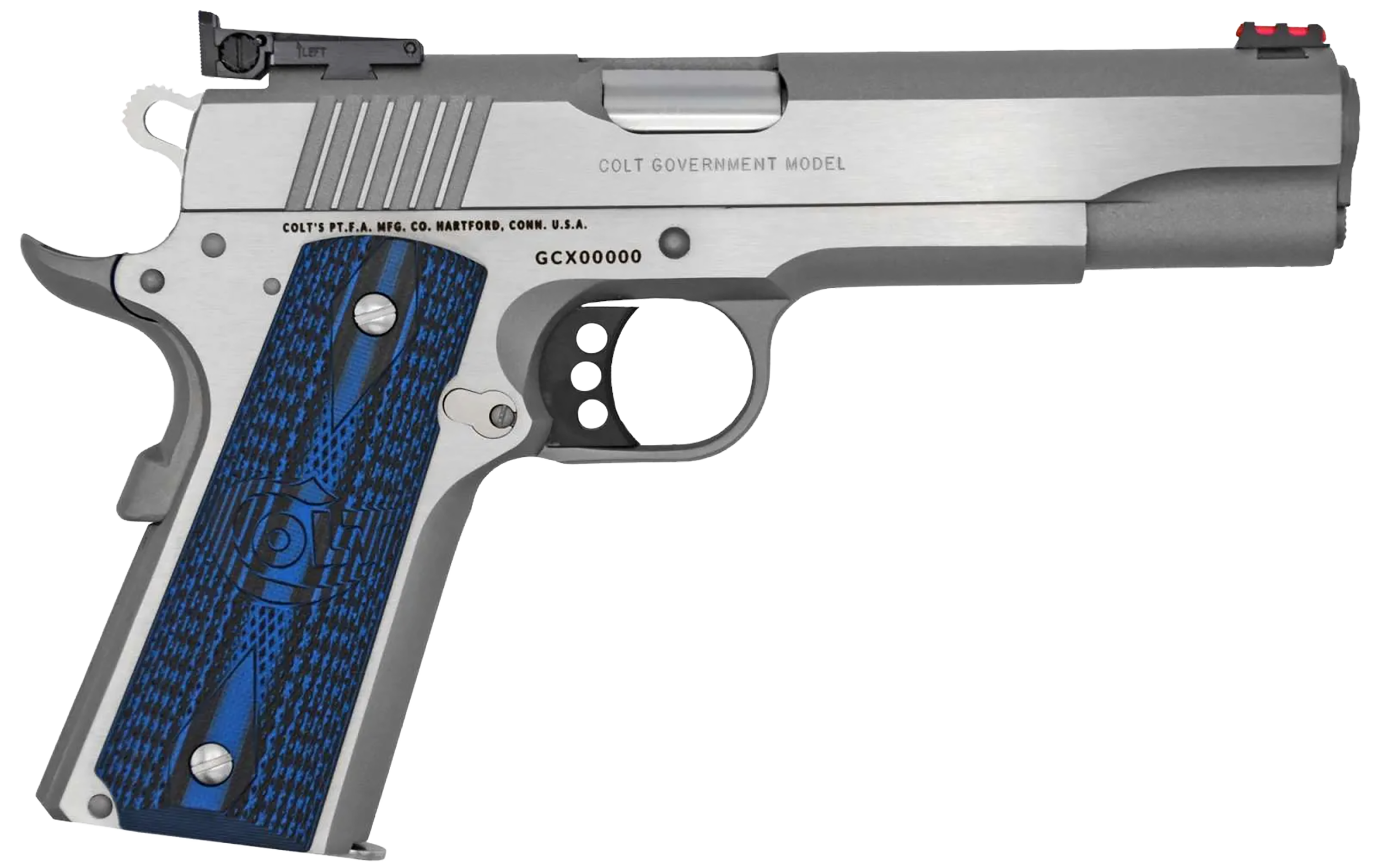 Colt Mfg O5073GCL Gold Cup Lite  38 Super 8+1 5" Stainless National Match Barrel, Stainless Steel Serrated Slide, Stainless Steel Frame w/Beavertail, Blue Scalloped G10 Grip, Ambidextrous