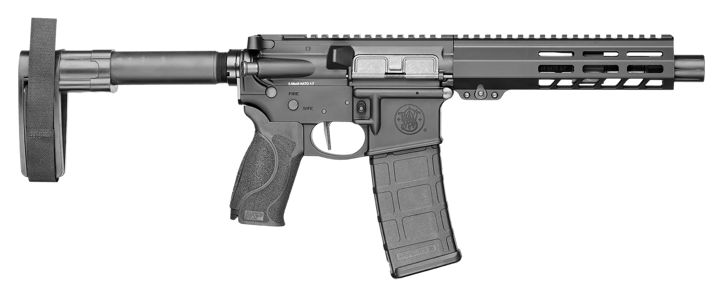 Smith & Wesson 13658 M&P15  223 / 5.56 NATO 7.50" Armornite Barrel 30+1, Fixed Arm Brace, Black Interchangeable Palmswell Grip Inserts, Manual Safety, Straight Buffer Tube, Optics Ready