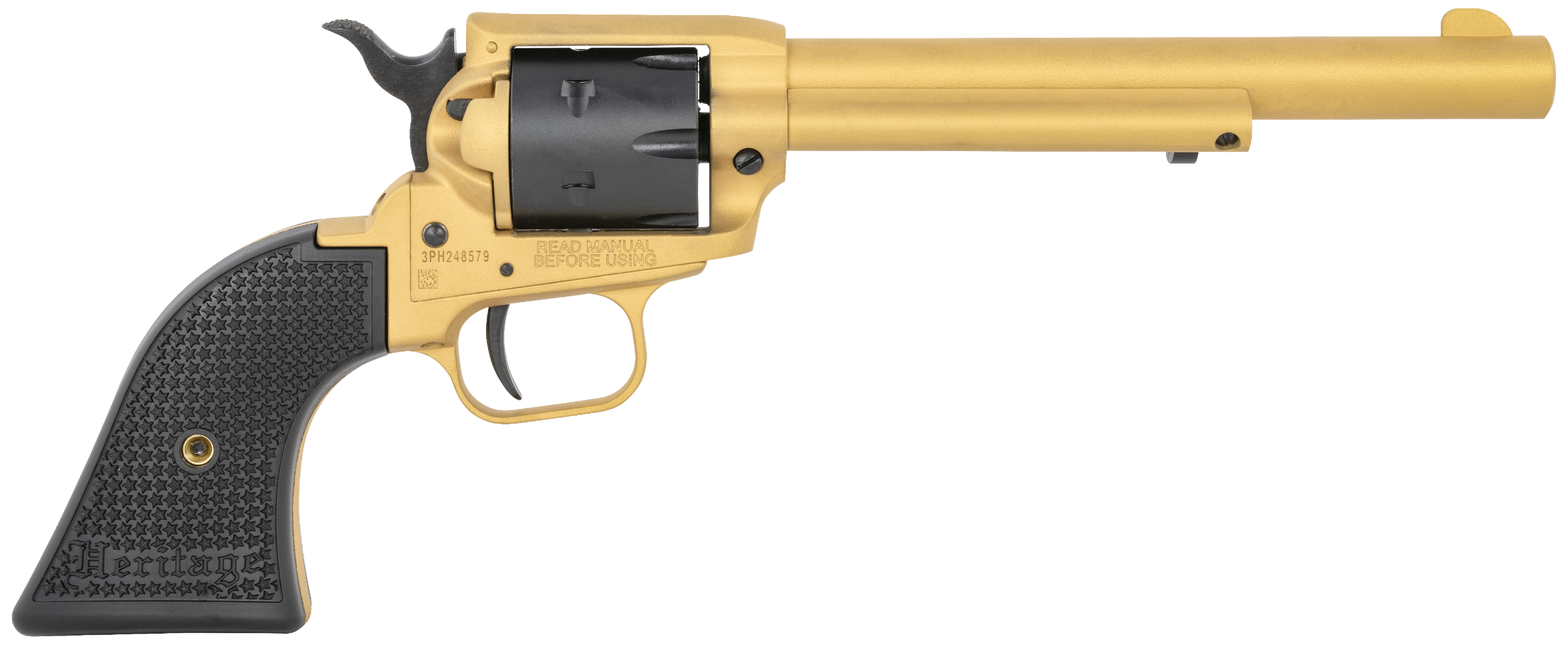 Heritage Mfg RR22S6 Rough Rider 22 LR 6 6.50", Gold Cerakote Barrel, Black Satin Cylinder, Gold Cerakote Steel Frame, Black Polymer Grips Features Black Accents