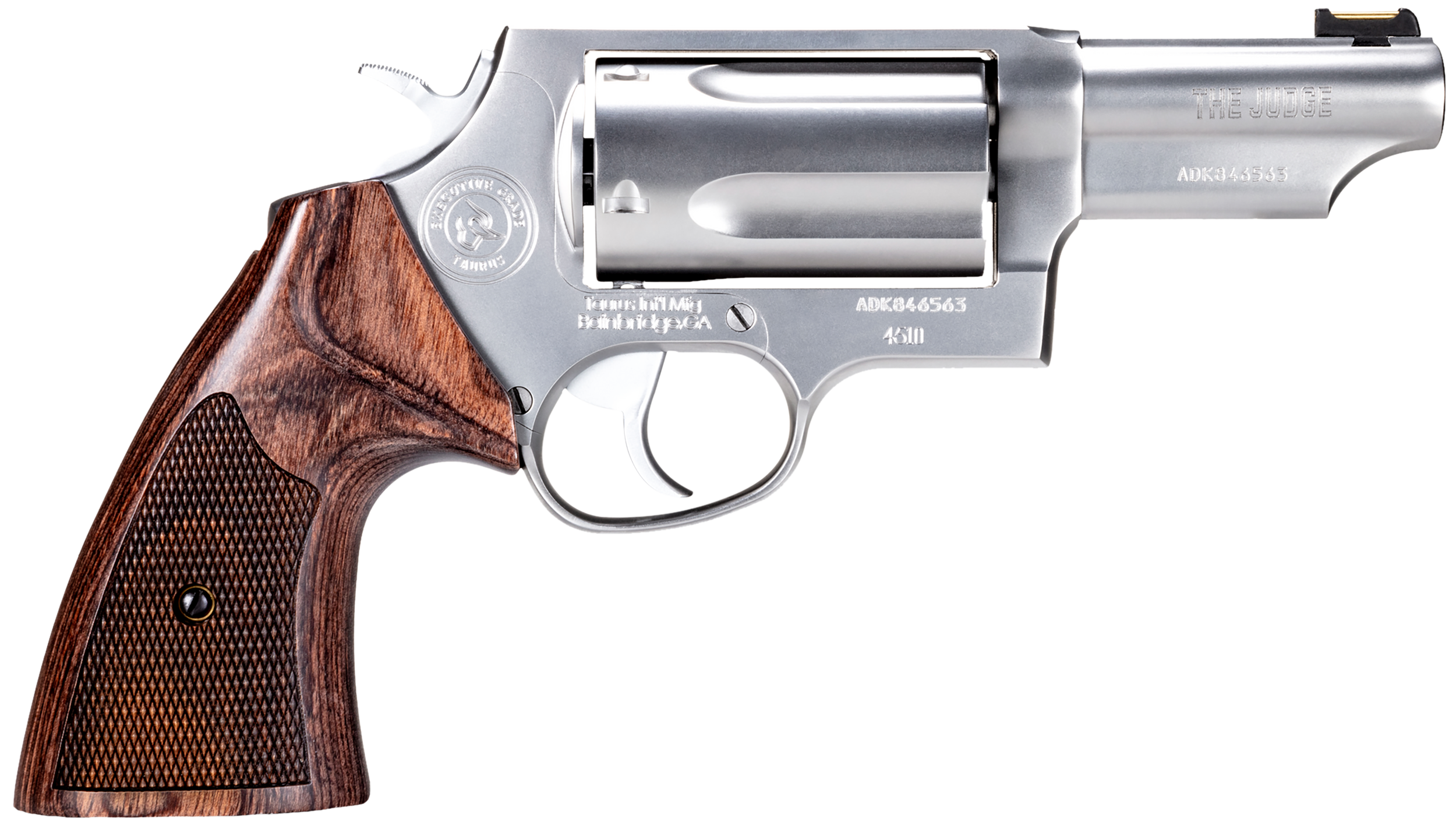 Taurus 2441EX039 Judge Executive Grade Medium Frame 45 Colt (LC) 410 Gauge 5rd 3" Hand Polished Satin Stainless Steel Barrel, Hand Polished Satin Stainless Steel Cylinder & Frame, Wood Grip