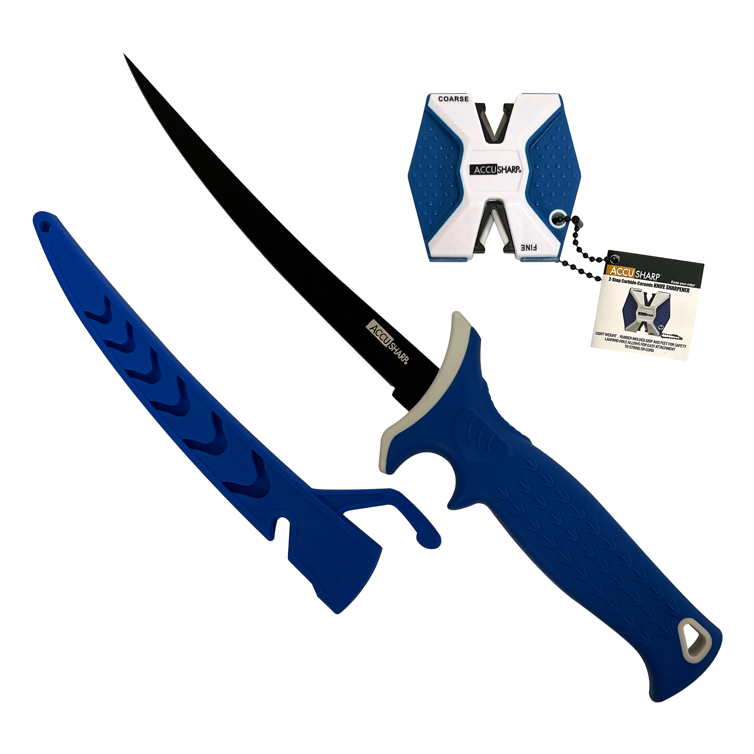 AccuSharp 736C Fillet w/Sharpener  6.50" Fixed Fillet Plain Satin Titanium Coated Stainless Steel Blade/Royal Blue Ergonomic Anti-Slip Rubber Handle Includes 2-Step Sharpener