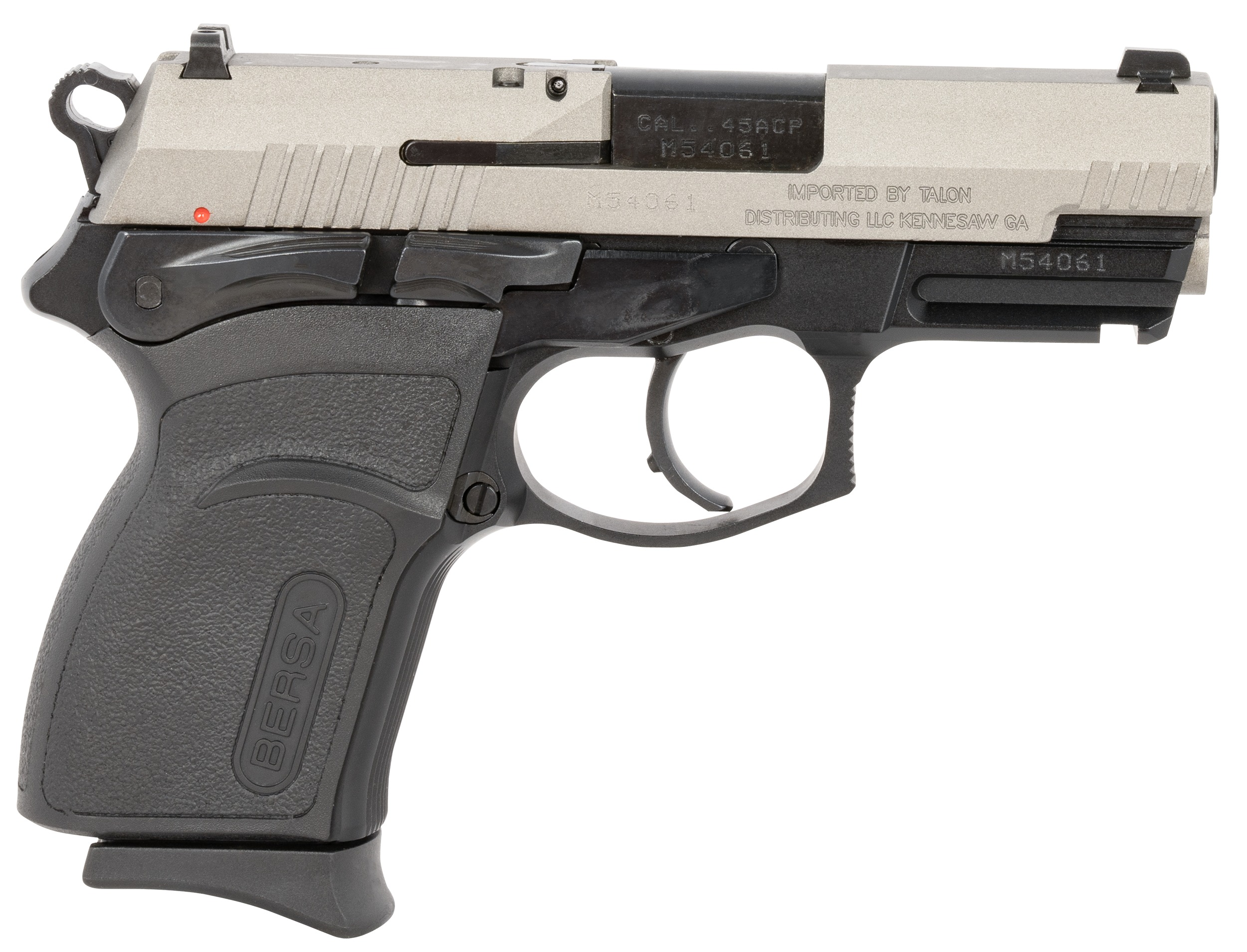 Bersa TPR45CDT TPRC  Compact Frame 45 ACP 7+1, 3.50" Black Steel Barrel, Nickel Cerakote Serrated Steel Slide, Matte Black Aluminum Frame w/Picatinny Rail, Ambidextrous