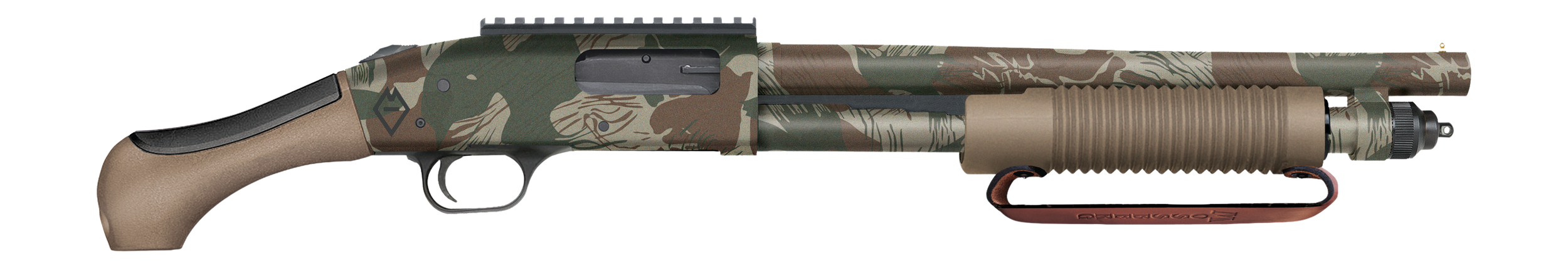 Mossberg 50632 590 AfterShock 12 Gauge 5+1 14.38" Rhodesian Brushstroke Camo Barrel & Receiver w/Picatinny Rail, FDE Aftershock Grip