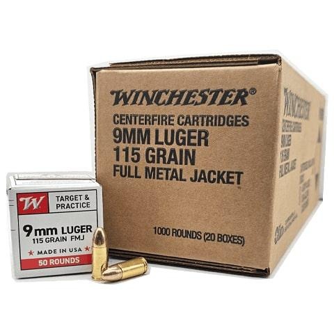 Winchester USA Target & Practice Handgun Ammunition 9mm Luger 115gr FMJ 1190 fps 1000/ct  (20-50/ct)
