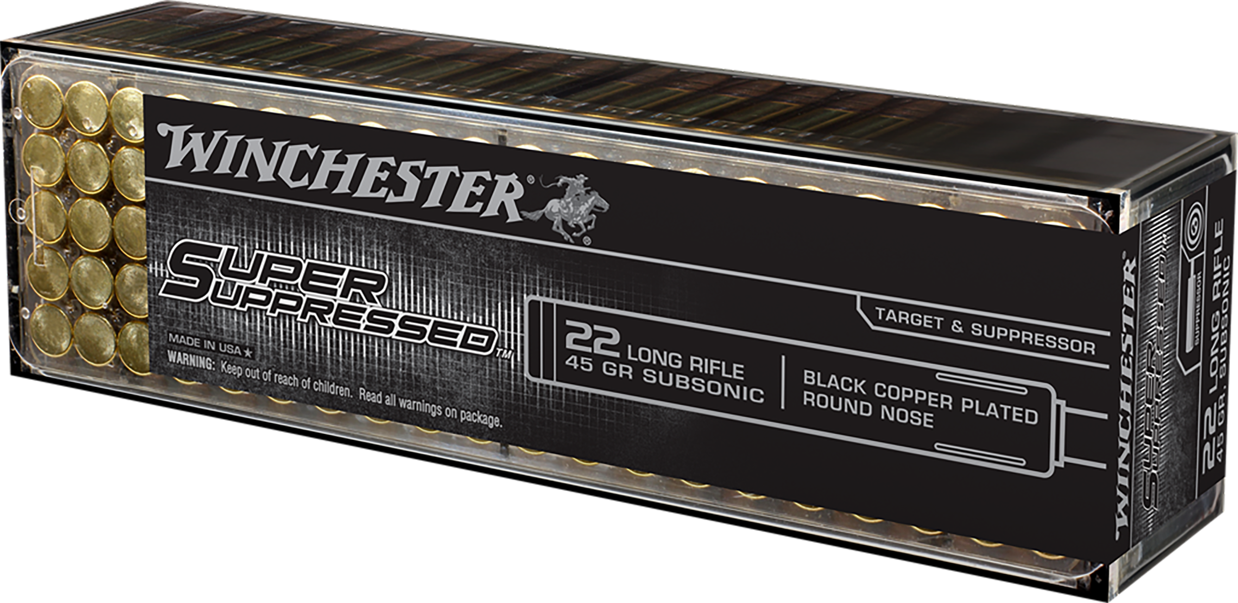 Winchester Ammo SUP22LR Super Suppressed  22LR 45gr Black Copper Plated Round Nose 100 Per Box/20 Case