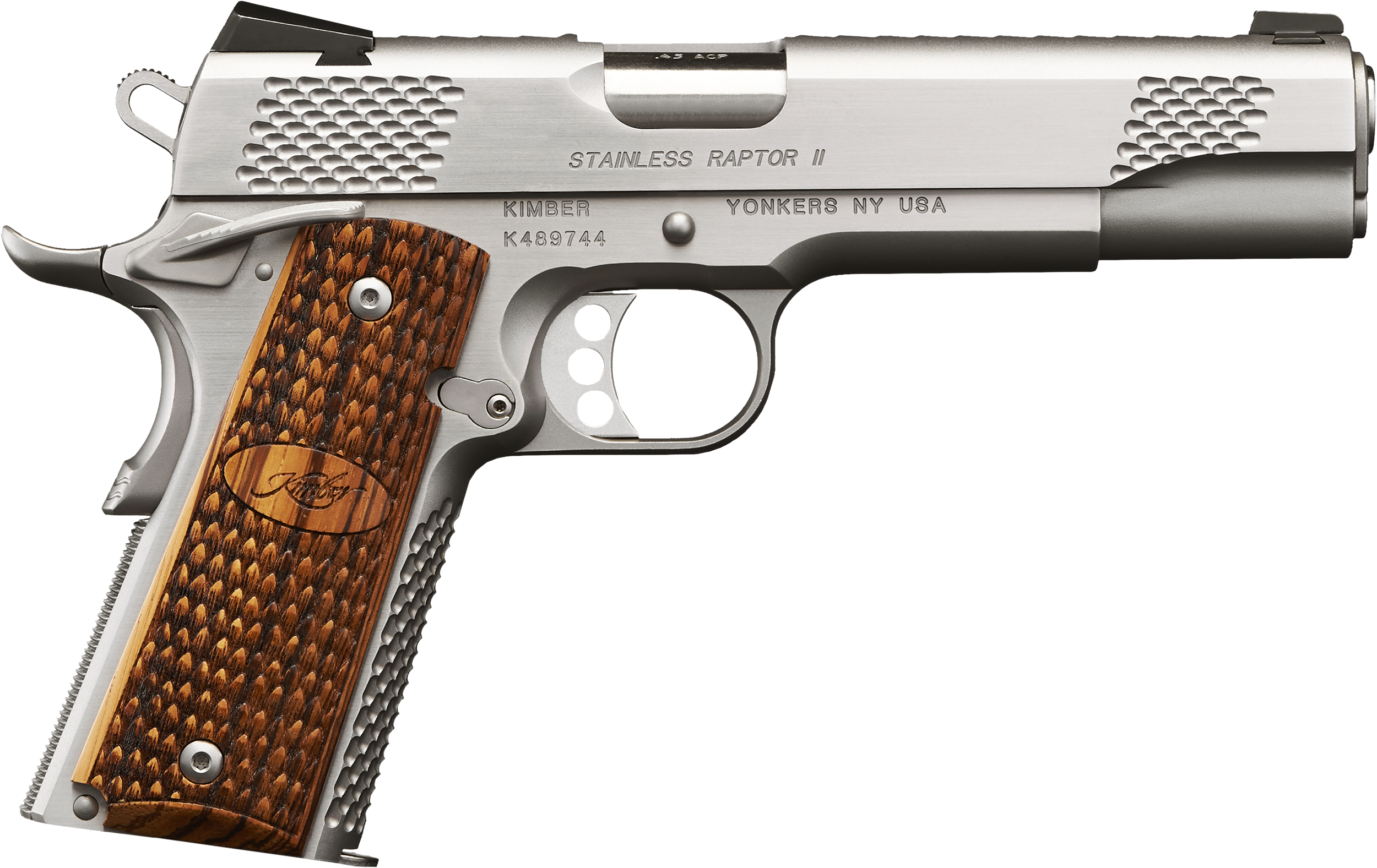 Kimber Mfg.,inc 3200365 Stainless Pro Raptor II 9mm 9+1 4" Stainless Steel Slide Satin Silver Zebrawood w/ Scale Pattern and Kimber Logo Grip