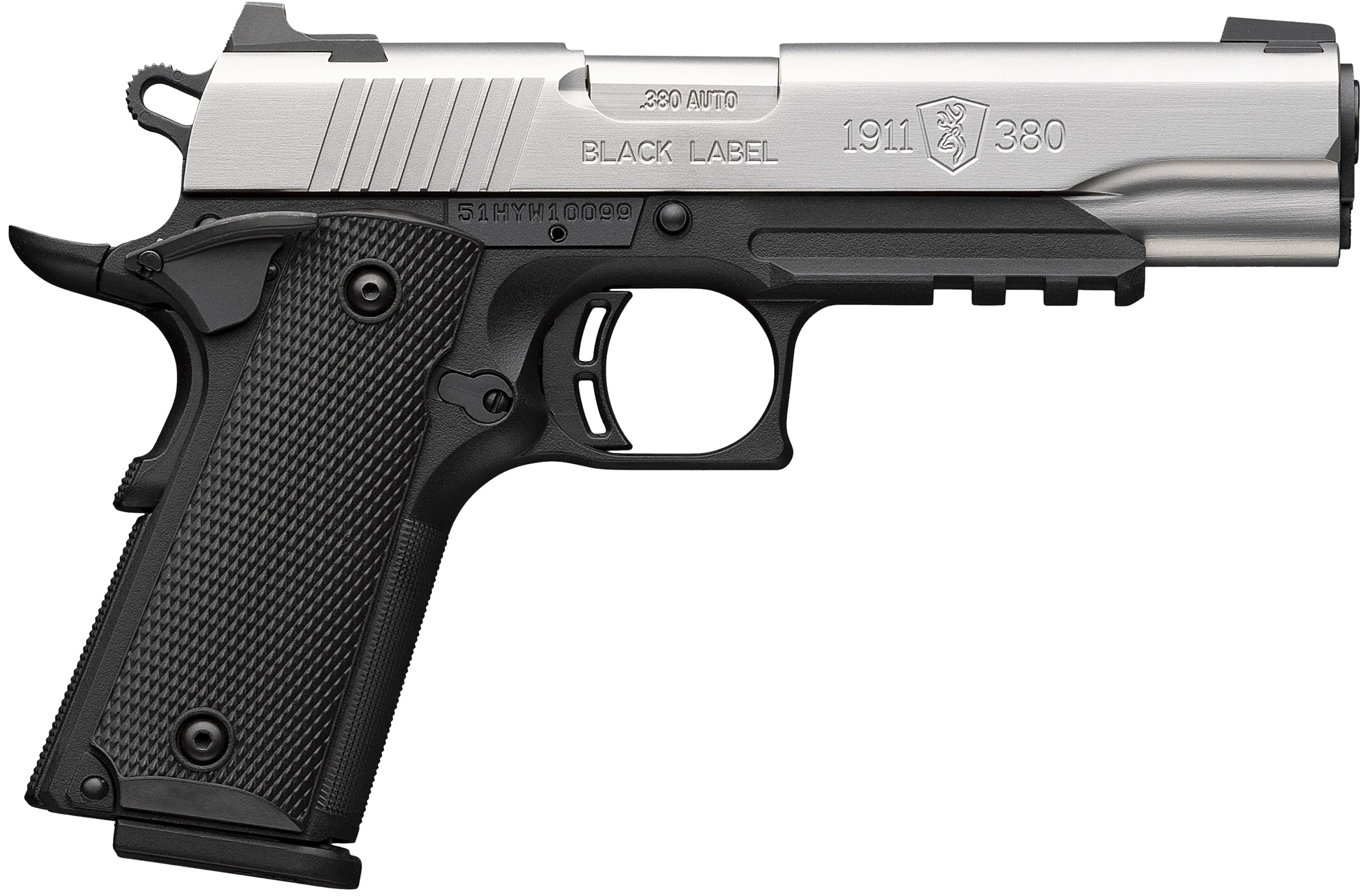Browning 051120492 1911 Black Label Full Size Frame 380 ACP 8+1 4.25" Stainless Steel Barrel, Satin Stainless Serrated Slide, Matte Black Polymer Frame w/Picatinny Rail, Black Polymer Grip