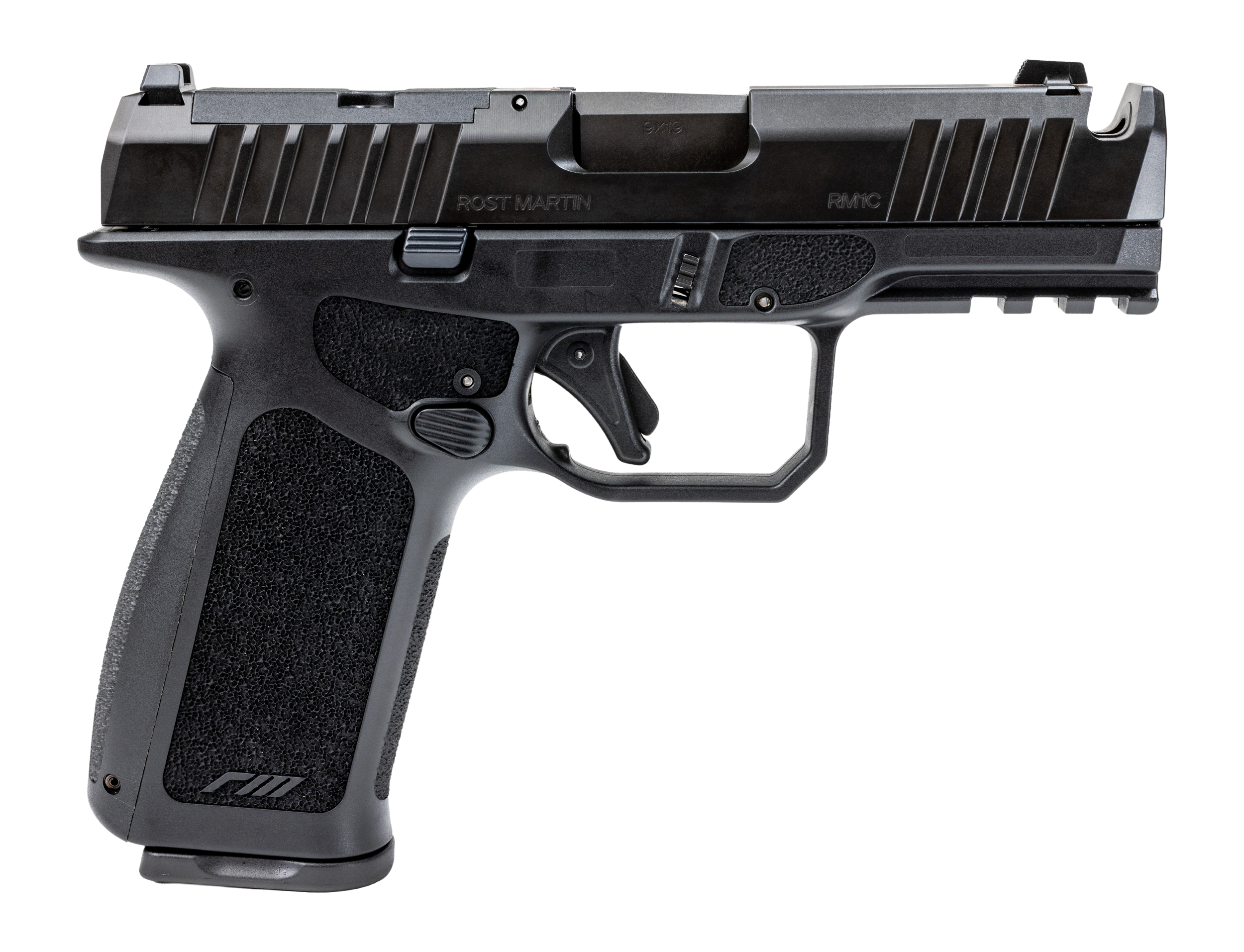 Rost Martin RM1CXBLKOSP10CA(COMP) RM1X Comp Compact 9mm Luger 10+1 4" Black Compensated Match Grade Barrel, Black Nitrocarburized Steel Optic Ready/Serrated Slide, Black Polymer Frame w/Picatinny Rail