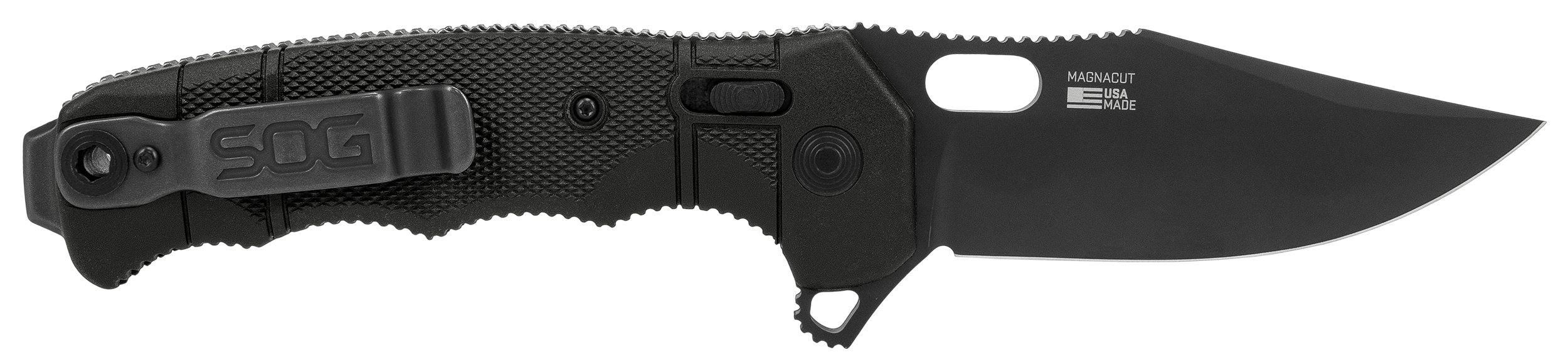 S.O.G SOG12211357 Seal XR 3.90" Folding Clip Point Plain Black MagnaCut Blade, Black Textured GRN/Titanium Handle